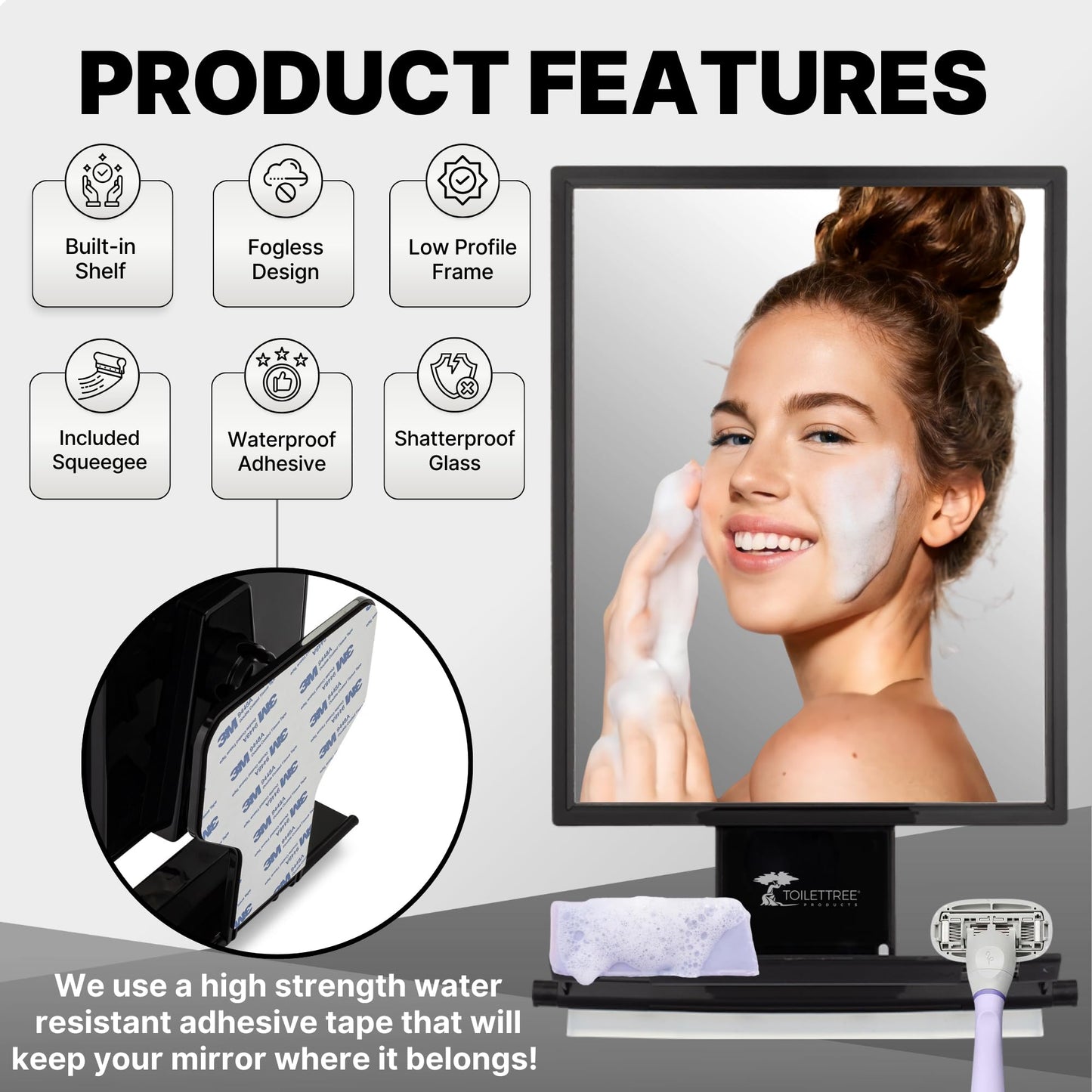 ToiletTree Products Ultimate Fogless Shower Bathroom Mirror, Bigger Reflective Surface & Thinner Frame, Squeegee Included, Black