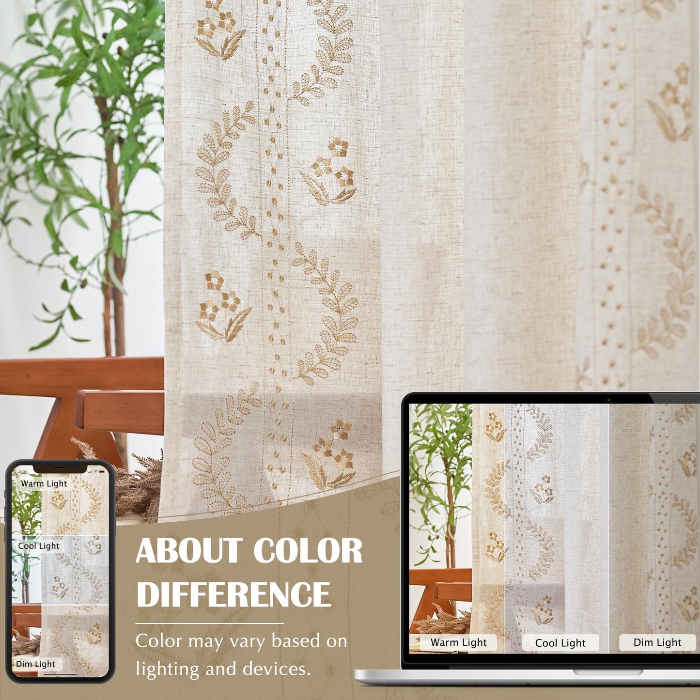 JINCHAN Linen Curtains for Bedroom Floral Curtains 84 Inch Length Linen Blend Beige Embroidered Drapes Farmhouse Flower Patterned Drapes for Living Room Window Treatments Set 2 Panels