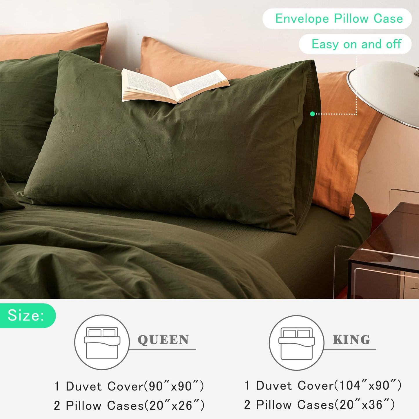 FANSTIVE Duvet Cover Set King Size, 100% Washed Cotton, Linen Like Super Soft and Breathable, 3 Pieces Olive Green Bedding Duvet Covers, Farmhouse Comforter Cover with Zipper Closure(No Comforter)