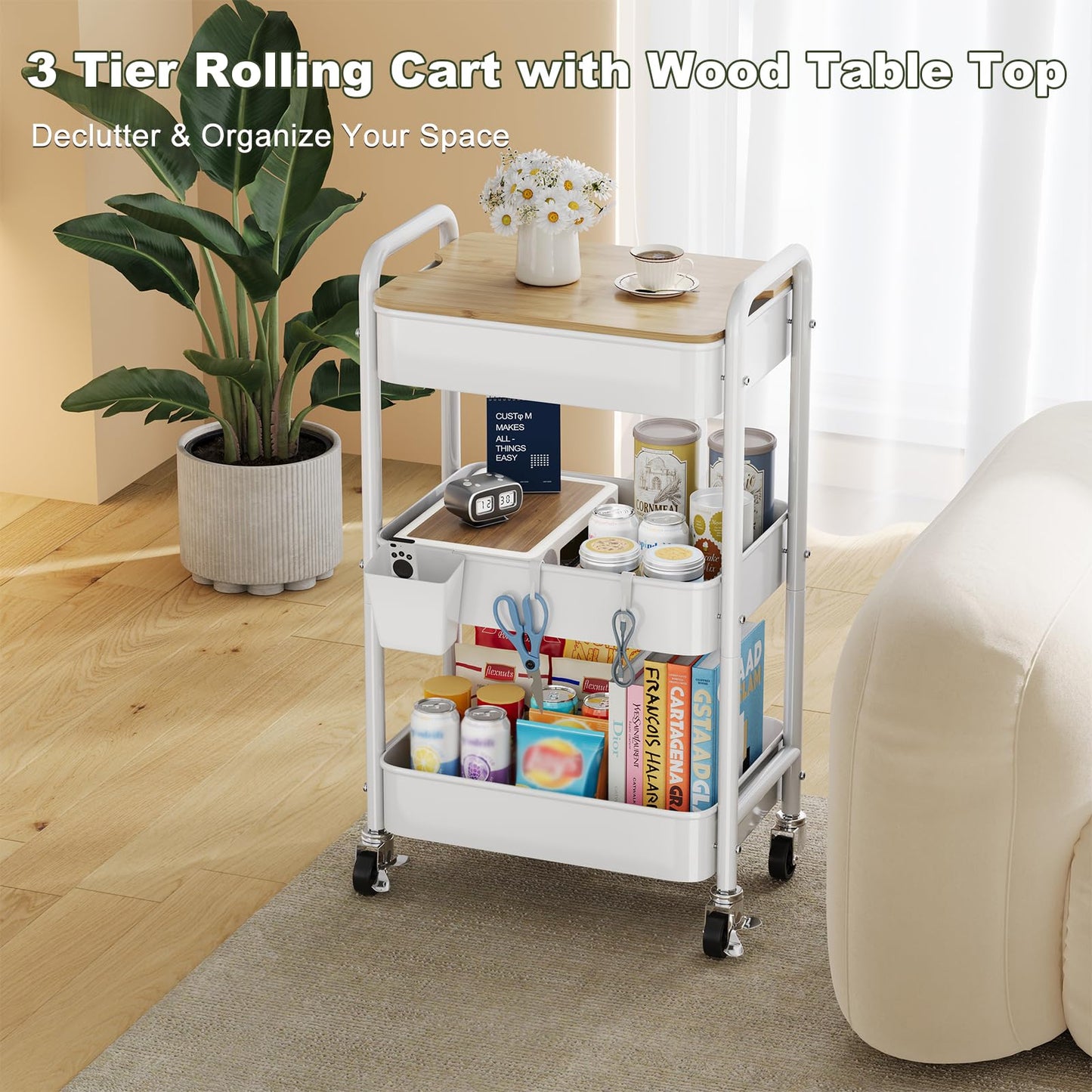 3 Tier Rolling Cart with Wood Table Top, White Bedside Cart on Lockable Wheels, Metal Utility Storage Organizer Carts for Kitchen, Art, Craft, Nail, Salon, Lash, Nursery, Bathroom, Baby Diaper Caddy