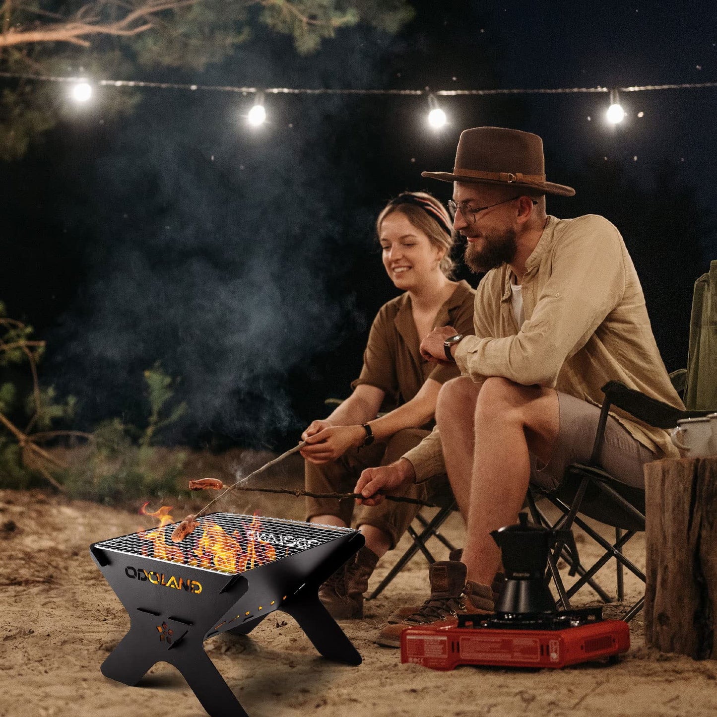 Odoland Camping Fire Pit, Portable Fire Pit for Camping, 2 in 1 Wood Burning Fire Grill with Detachable Cooking Grate for Outside BBQ, with Carry Bag