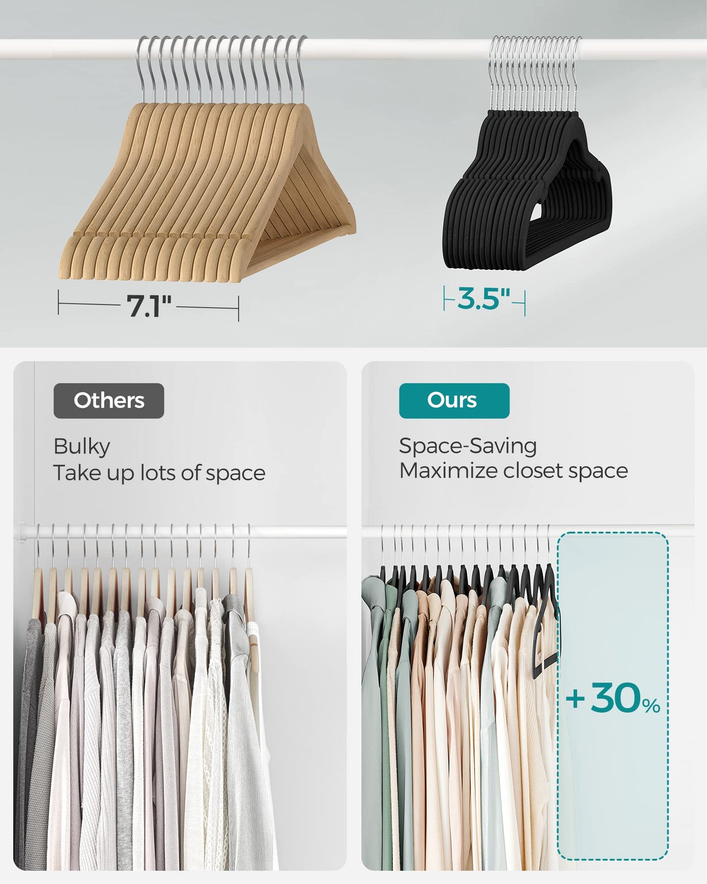 SONGMICS Velvet Hangers, Non-Slip Clothes Hangers with Shoulder Notches, Pants Bar, 360° Swivel Hook, Space-Saving, for Closet, 50 Pack, Ink Black UCRF029B05