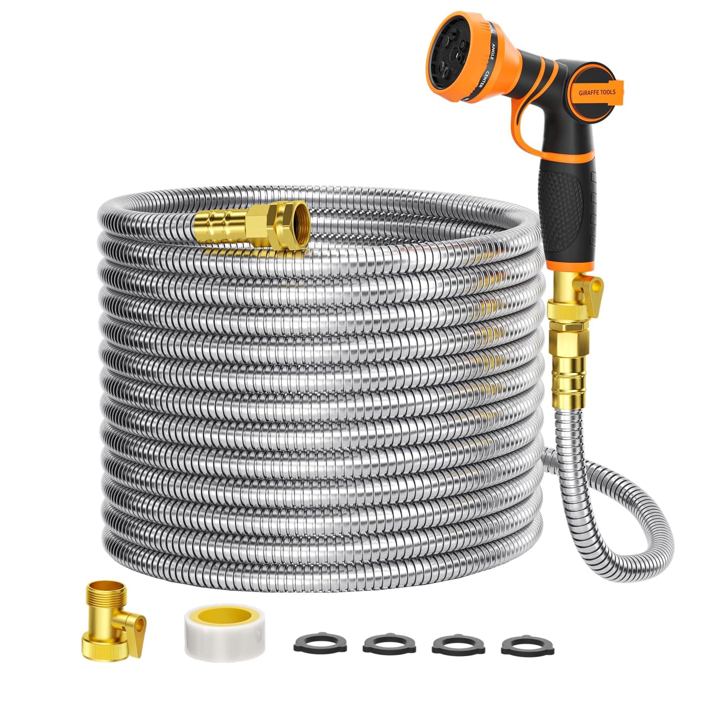 Girafe Tools Garden Hose 100ft x 5/8", 304 Stainless Steel Metal Water Hose, No Kink Garden Water Hose with 9 Pattern Spray Nozzle, Flexible, Lightweight, Kink Free Hose for Yard, Outdoor