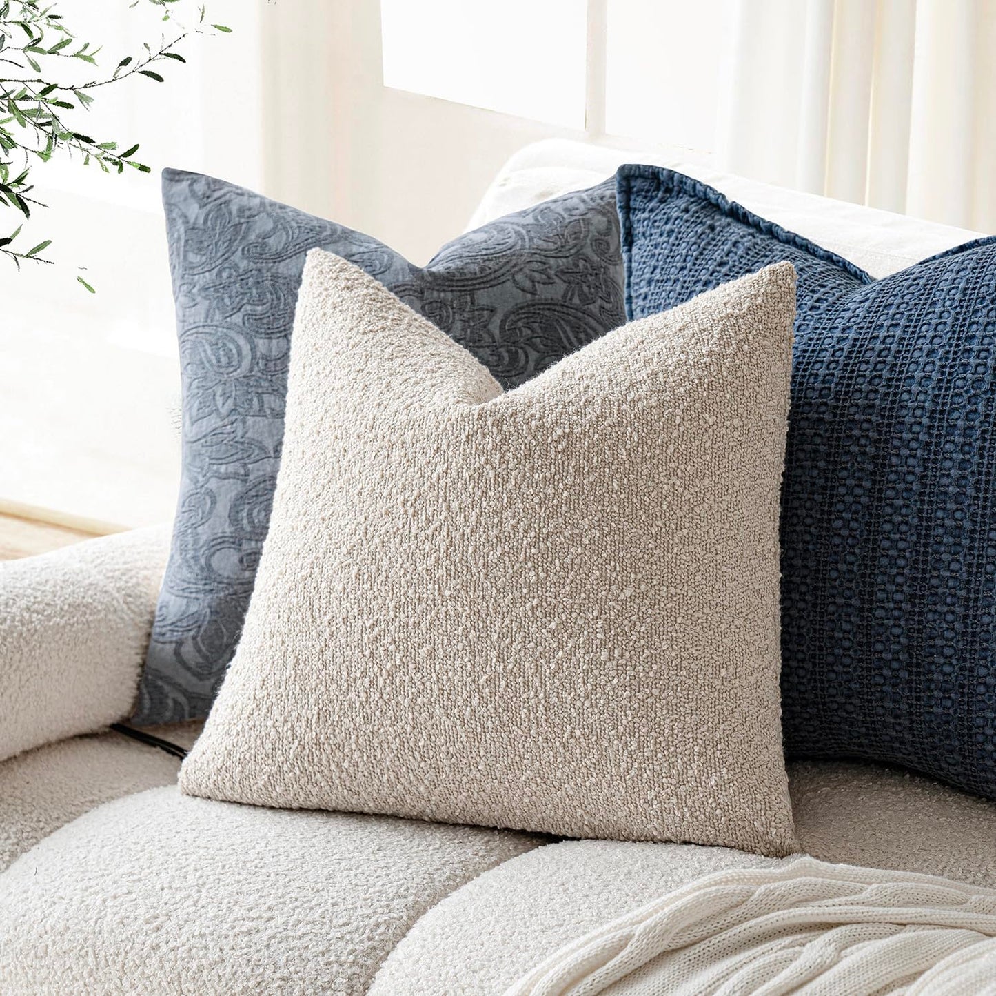 Foindtower Pack of 2, 20 x 20 Inch, Decorative Textured Boucle Throw Pillow Covers Accent Solid Pillow Cases Cozy Soft Couch Cushion Case for Chair Sofa Bedroom Living Room Home Decor, Beige