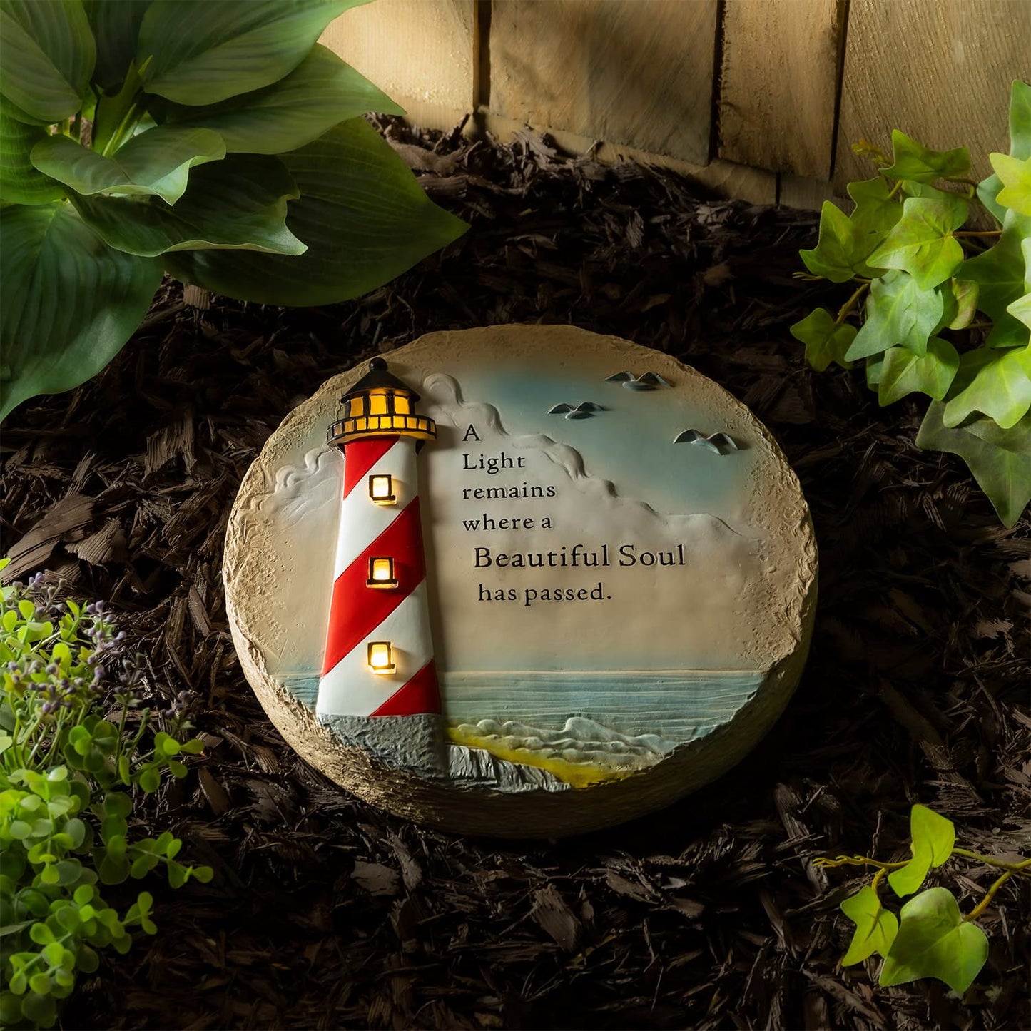 Evergreen LED Outdoor Safe Memorial Stone | Lighthouse Coastal Beautiful Soul | 10 Inches Wide | Remembrance Décor for Homes, Lawn and Garden | Waterproof Battery Operated | Outside or Indoor