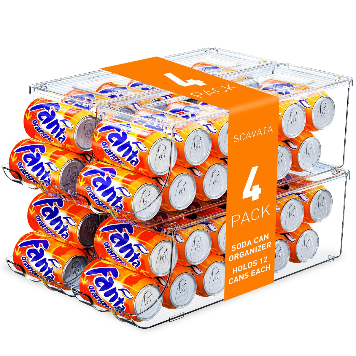 SCAVATA Soda Can Organizer for Refrigerator, Stackable Canned Food Pop Cans Container Can Holder Dispenser with Lid for Fridge Rack Freezer, Clear Storage Bins-Holds 12 Cans Each (4 Pack)