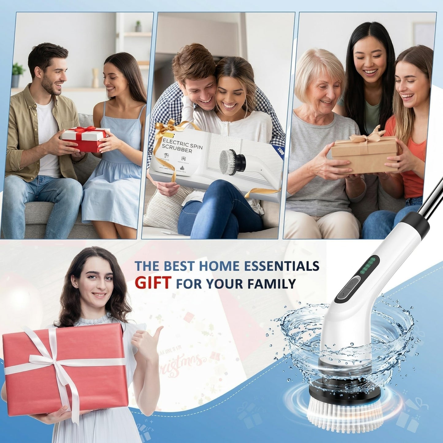 FYDEE Electric Spin Scrubber, Cordless Bathroom Cleaning Brush with 7 Heads & Adjustable Extension Handle, IPX7 Waterproof Rechargeable Power Shower Tub Scrubber for Tile, Grout, Floor & Car