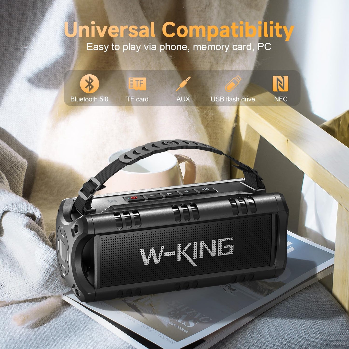 Bluetooth Speaker, W-KING (60W PEAK)30W IPX6 Waterproof Wireless Powerful Portable Outdoor Haut Parleur Speaker Boombox-Rich Bass, 24H Playtime, TF Card, USB Playback, AUX, EQ for Party, Camping, Trip