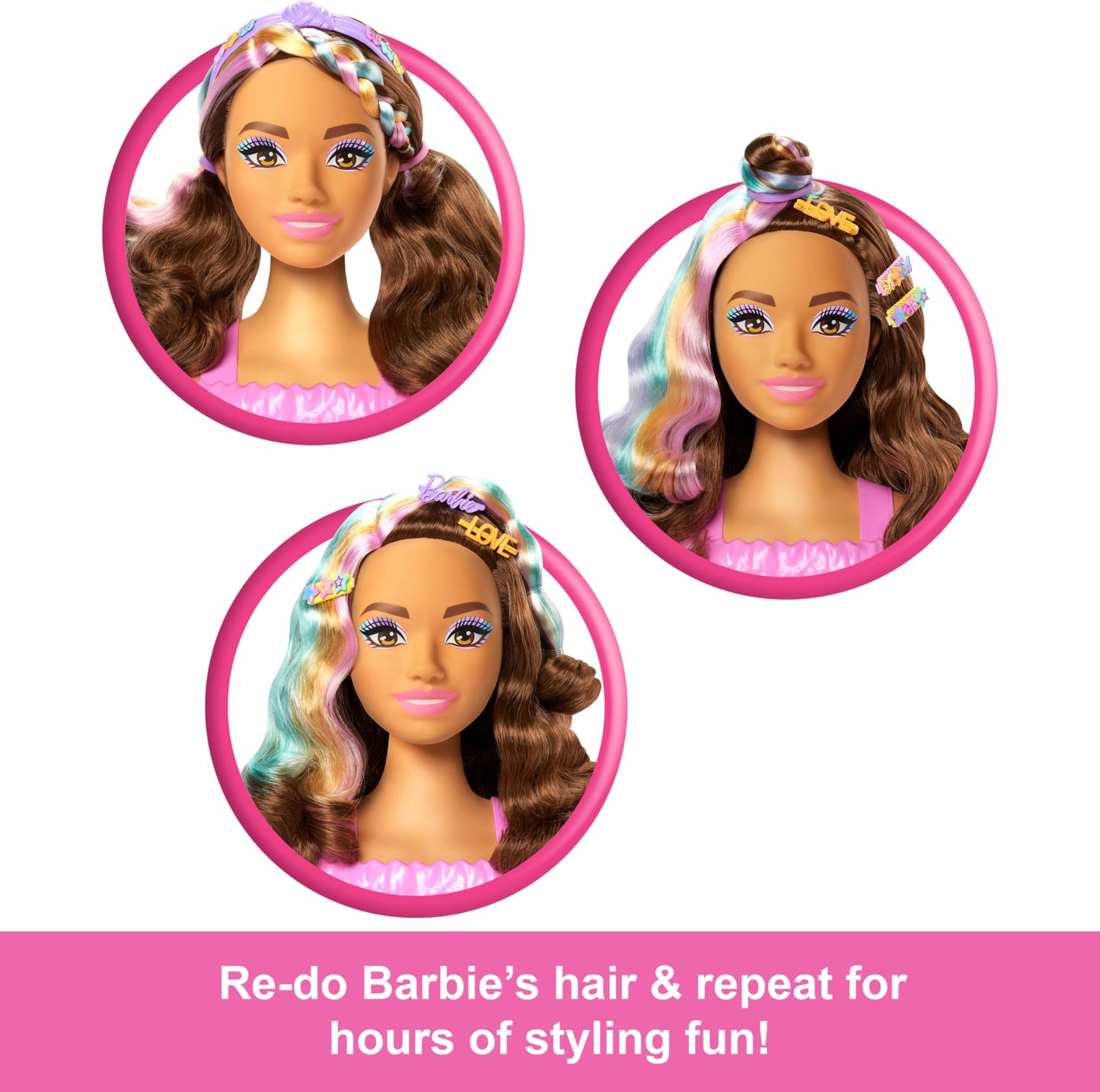 Barbie Doll Styling Head, Dark Brown Hair with 20+ Hair Styling Accessories Including Star & Butterfly Color Change Hair Clips