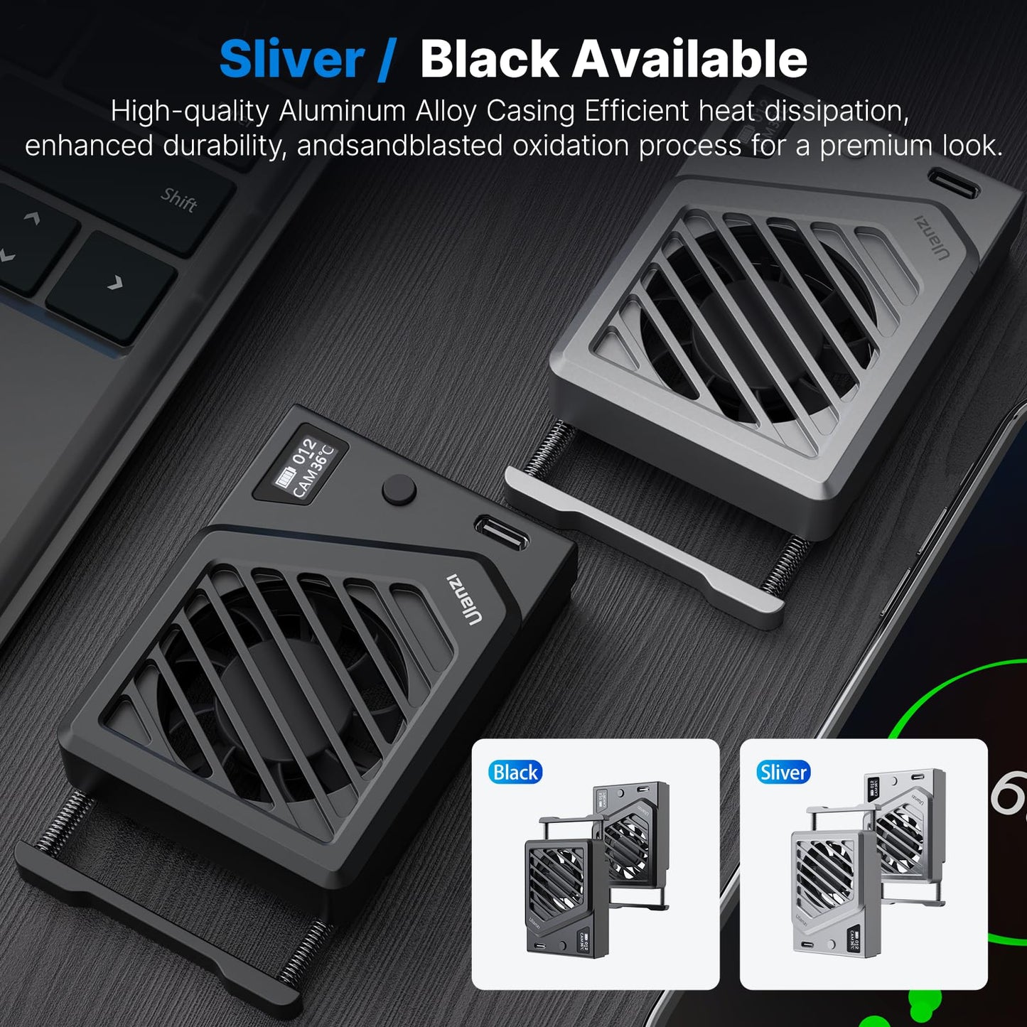 ULANZI Camera Cooling Fan Black New, Spring Telescopic Mounting Adjustable Mini Intelligent Cooling Fan Real-time Monitoring with Type-C Charging Port, Compatible with Sony Canon
