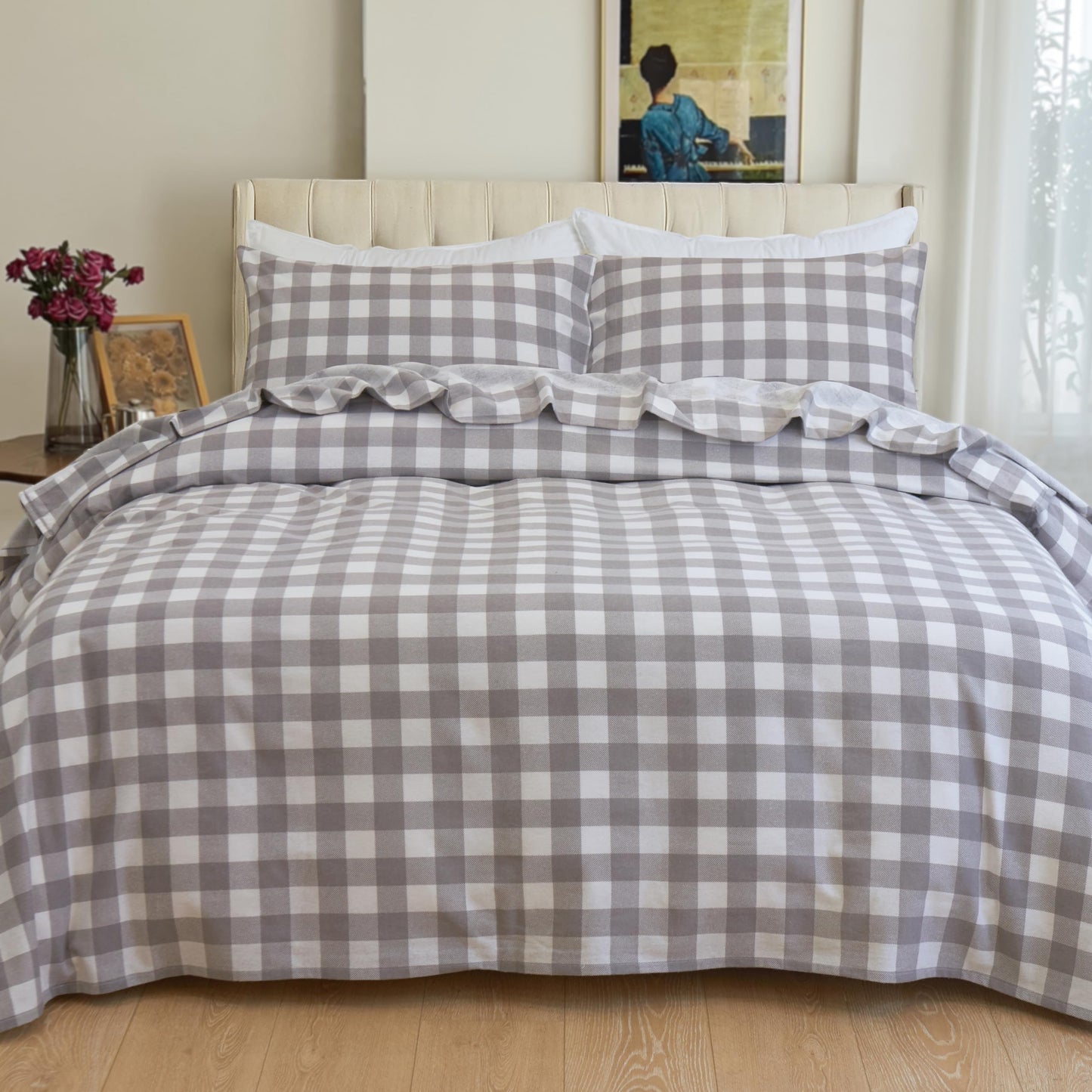 Elegant Comfort Soft 4-Piece 100% Turkish Cotton Flannel Sheet Set - Premium Quality, Deep Pocket Fitted Sheet, Ultra Soft, Cozy Warm Flannel Sheets - King, Buffalo Check Gray
