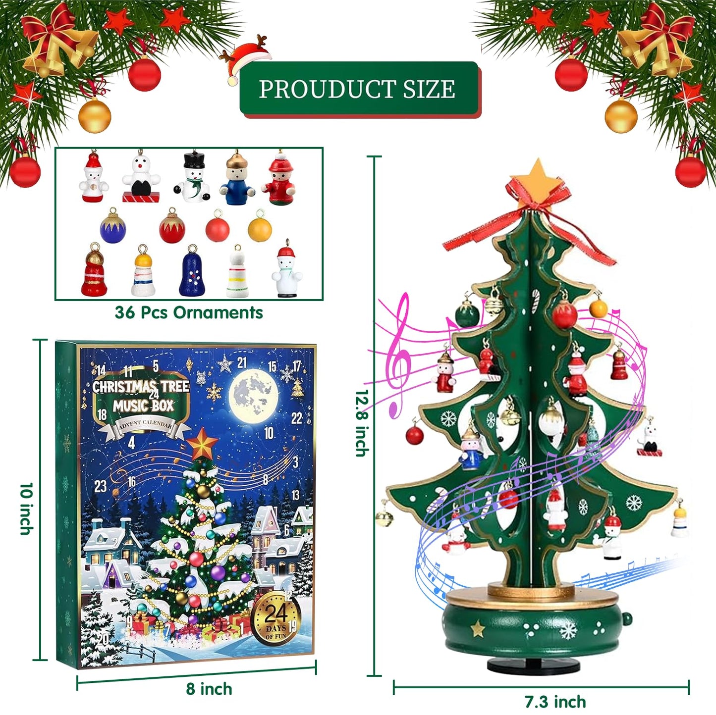Christmas 24 Days Countdown Advent Calendar 2025, Musical Wooden Christmas Tree with Classic Music Box and 24 Pcs Snowman Santa Ornaments, Christmas Gifts