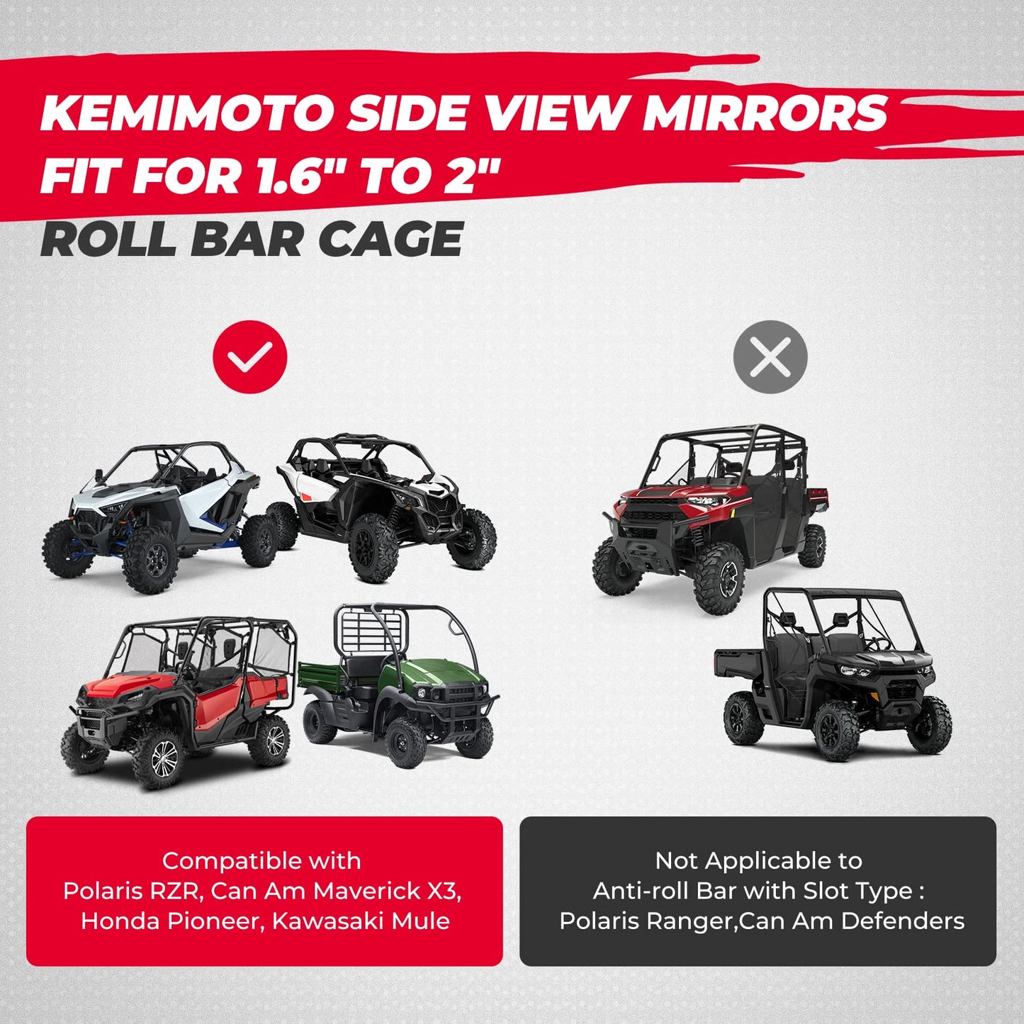 KEMIMOTO UTV Side Mirrors with 1.6'' to 2'' Roll Bar Cage, Adjustable&Breakaway SXS Rearview Mirrors, Compatible Polaris RZR, Can-Am Maverick X3, Pioneer, Talon, Kawasaki Teryx,Gator, CFMOTO,Black