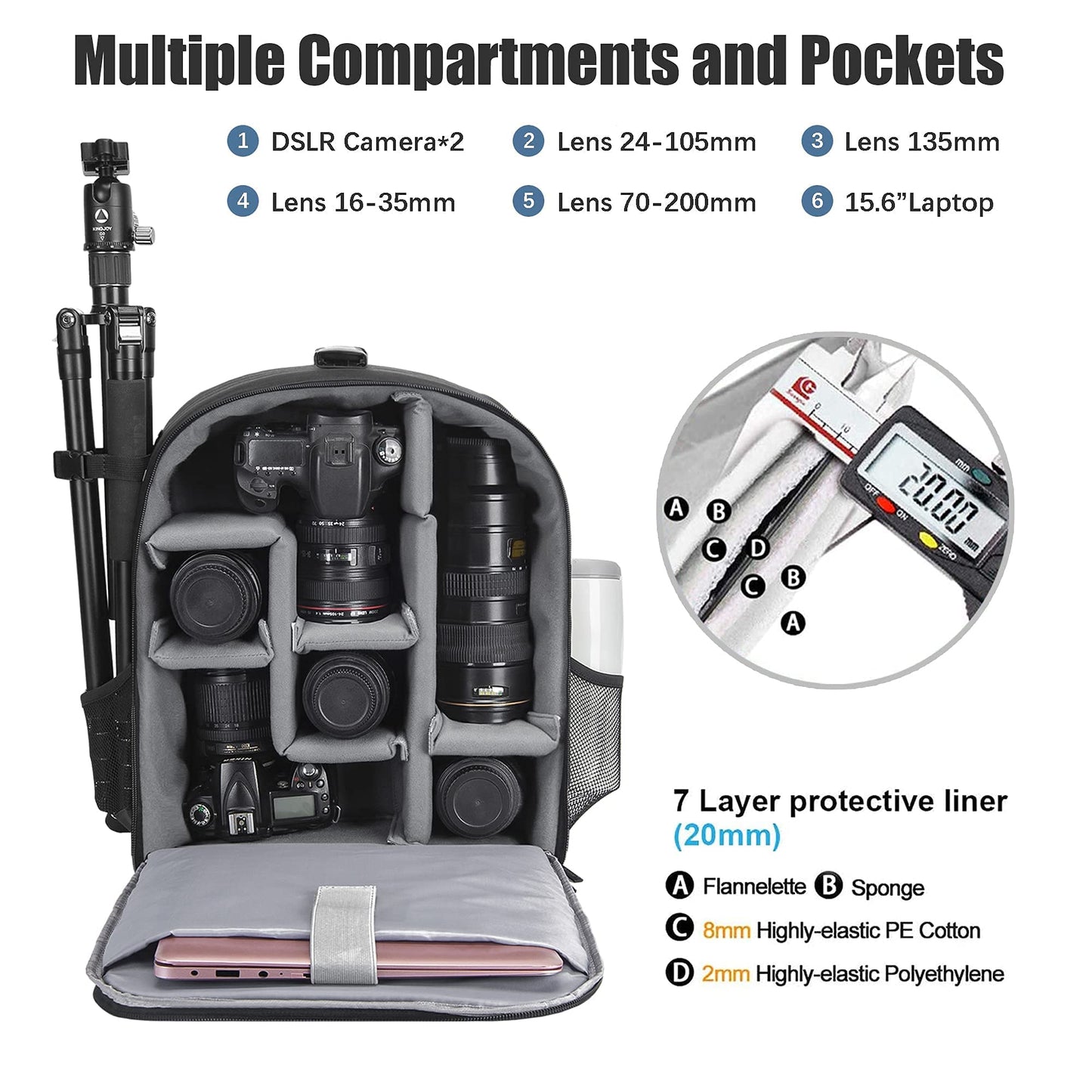 Cwatcun Camera Backpack Bag with Tripod Holder Anti-Theft Waterproof Camera Bag with 15.6' Laptop Compartment Fit for Canon Nikon Sony DSLR SLR Camera for Women Men Photographer (Large, 5.0 Black)