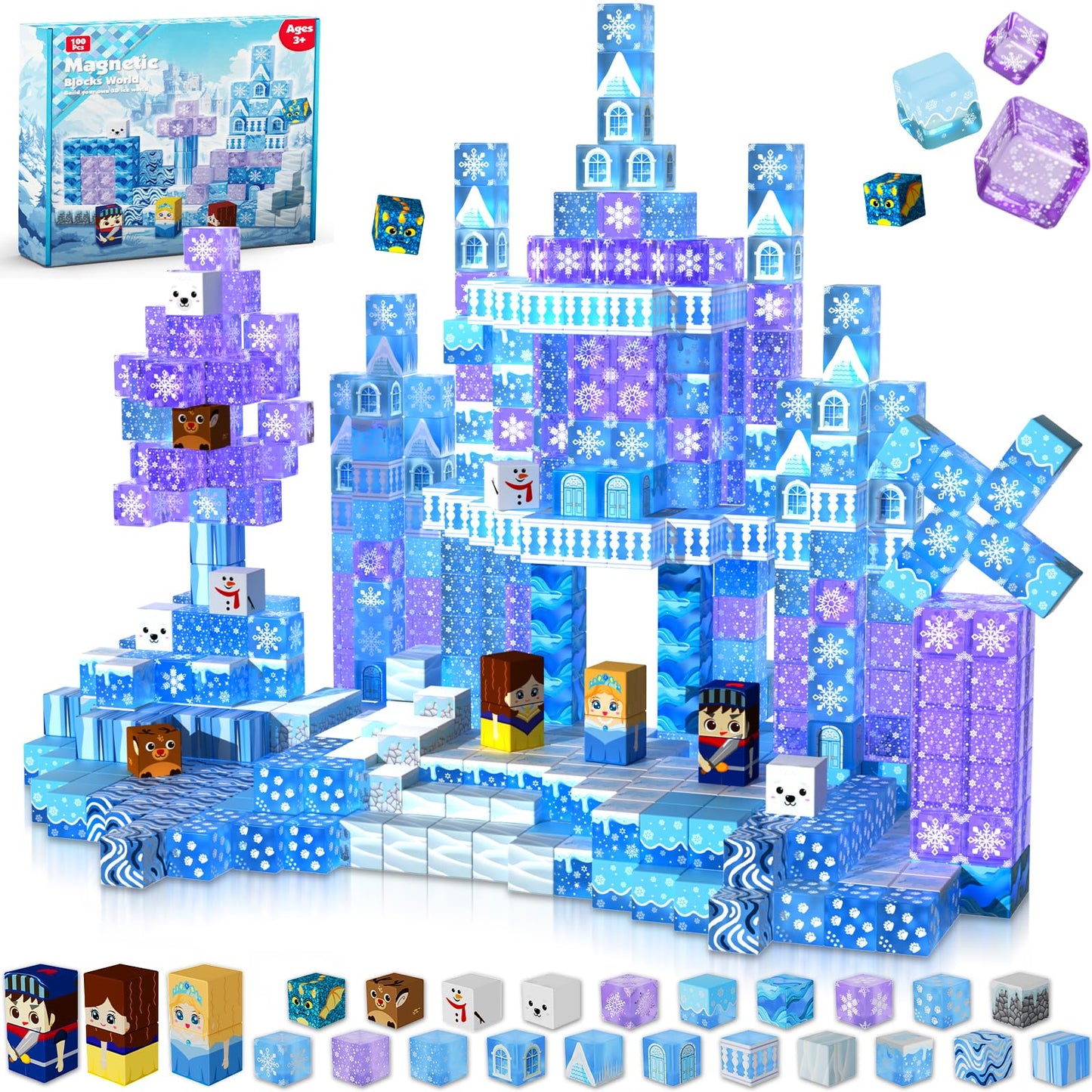 Magneverse Transparent Magnetic Blocks - 100 PCS Blue Castle Magnetic Building Cubes Toys for Toddler Christmas Birthday Gifts - Montessori Sensory Learning Toys for 3 4 9 10 Year Old Boys & Girls