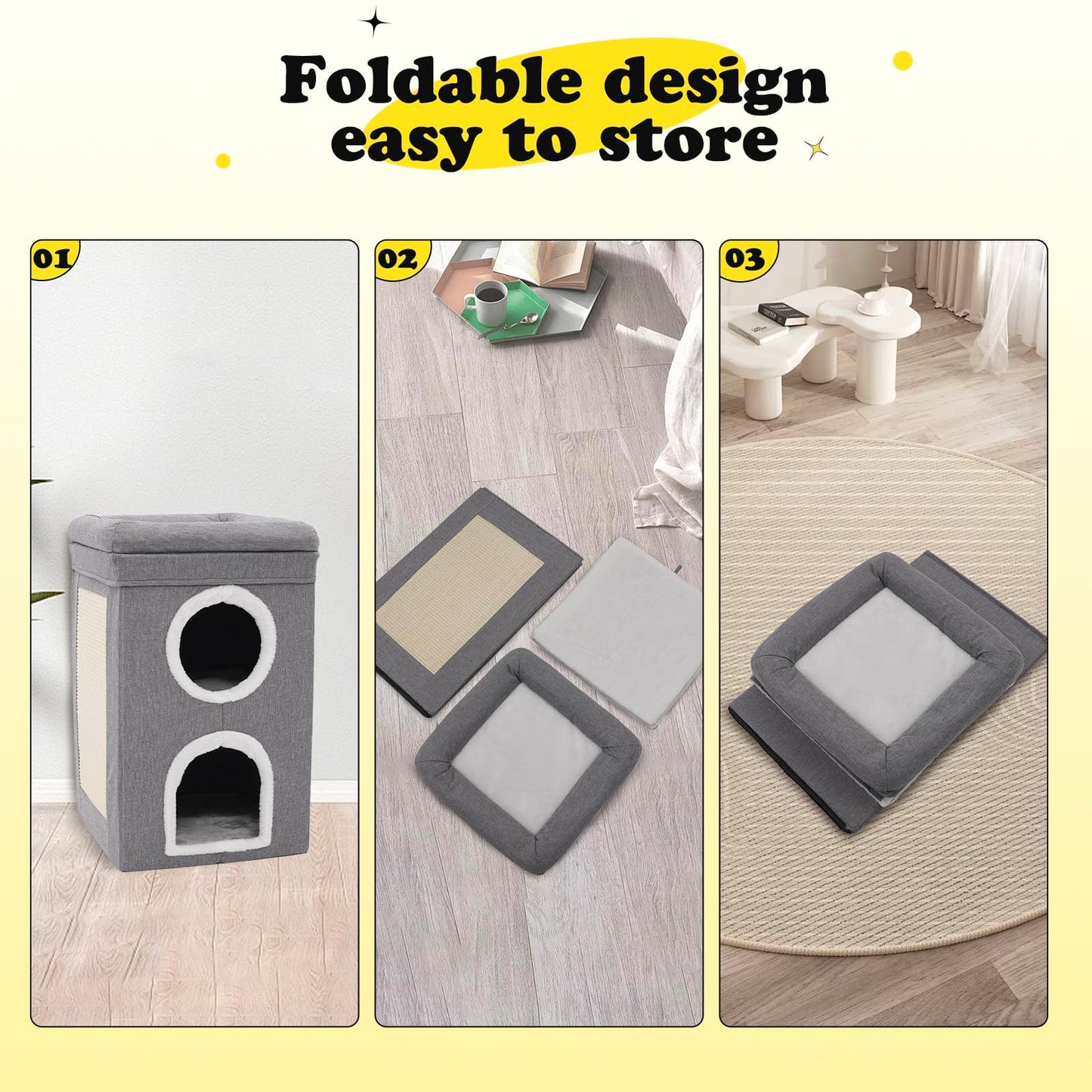 3-Level Cat House for Indoor, Covered Cat Condo with Scratch Pad and Hideaway Cave, Cat Bed &Furniture for Multi Pets and Large Cats, 15.3 * 15.3 * 26 inches,Grey