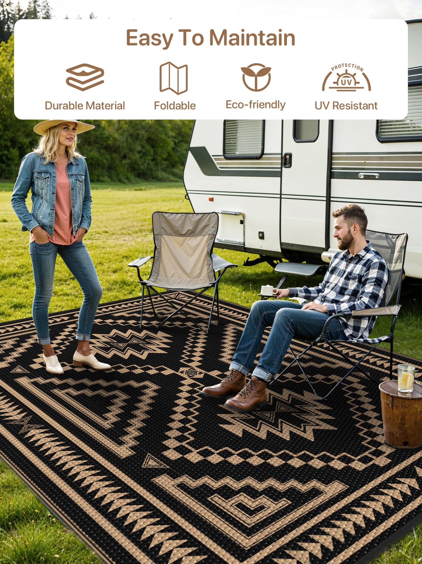 GENIMO Outdoor Rug for Patio Clearance - 5x8 ft Waterproof Plastic Camping Rugs, Reversible Outside Rv Mat Carpet for Porch, Deck, Picnic, Balcony, Beach, Backyard, Black Brown