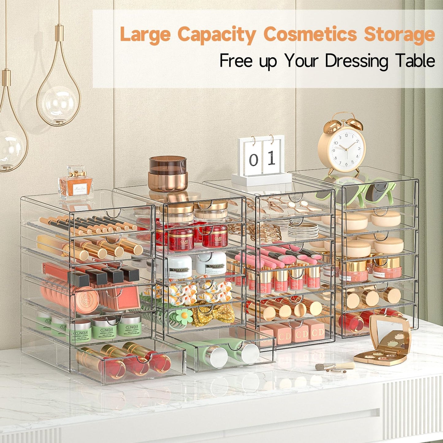 DOMNIU Makeup Drawer Storage Organizer with 24 Drawers, 4 Set Acrylic Office Desk Organization and Storage, Dustproof Transparent Plastic Frame