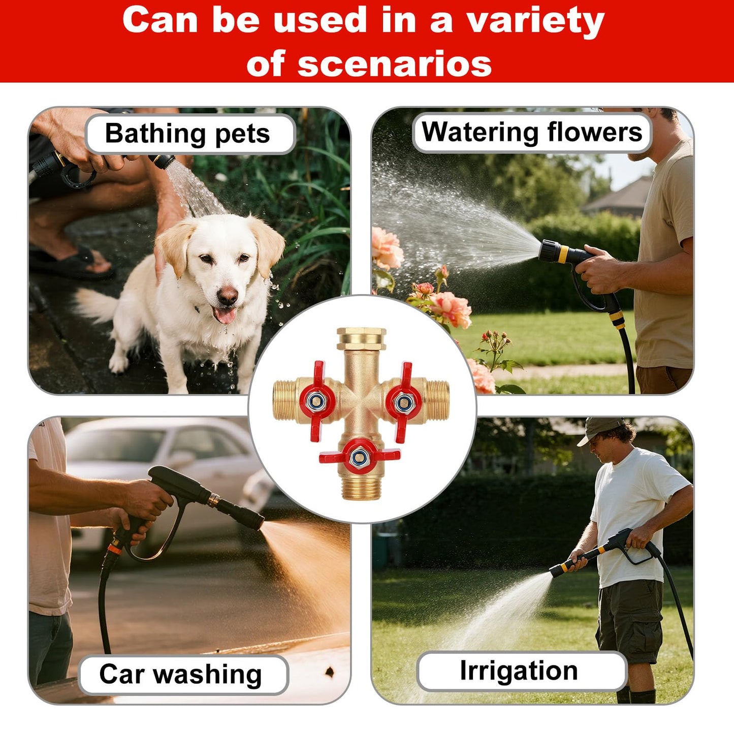 3 Way Brass Hose Splitter with 4 Sealing Gaskets, 3/4 Inch Heavy Duty High Flow Spigot Splitter with 3 Shut-Off Valves Leak-Proof Outdoor Faucet Connector for Yard Lawn Irrigation Systems