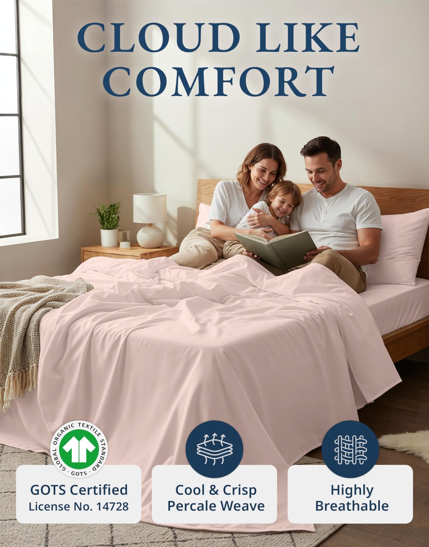 Lane Linen 100% Organic Cotton Queen Sheet Set, 4-Piece Percale Bed Sheets for Queen Bed - Soft, Breathable, Hypoallergenic, Deep Pocket Fits Mattress Up to 15" Deep, Hotel Quality Sheets - Rose
