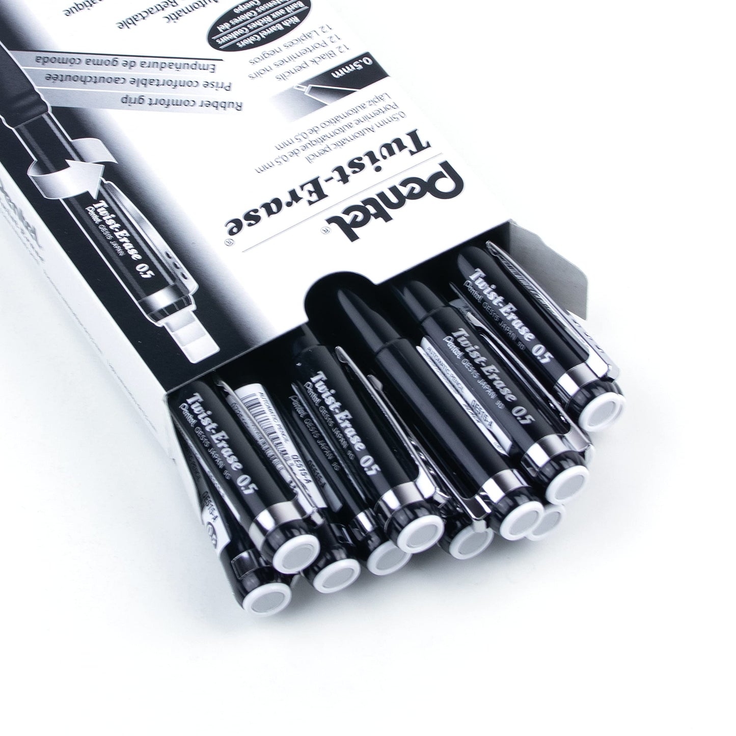 Pentel Twist-Erase III Mechanical Pencil, Writing, Drawing, School Supplies, Large Retractable Eraser, 0.5mm Fine Point, Black Barrel, QE515-A, Box of 12