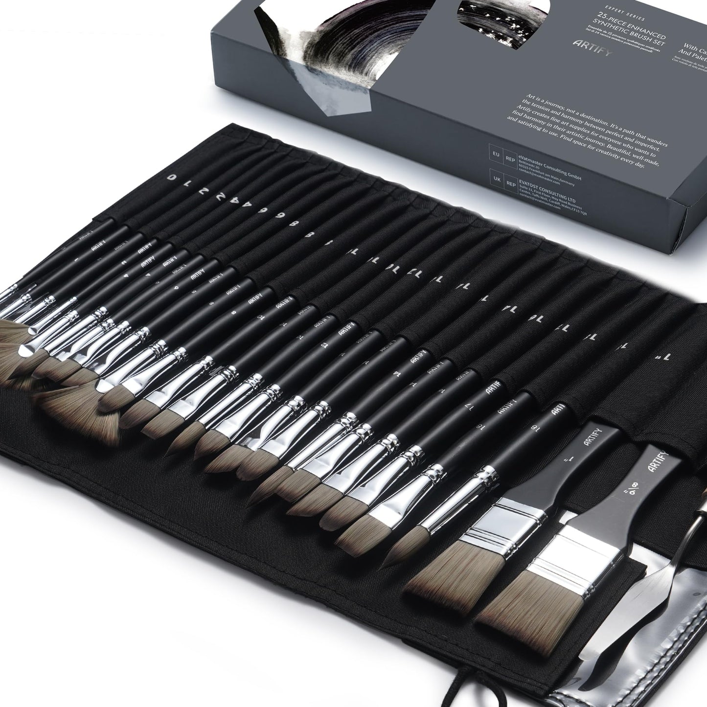 ARTIFY 24 Pieces Paint Brush Set, Expert Series, Enhanced Synthetic Brush Set with Cloth Roll and Palette Knife for Acrylic, Oil, Watercolor and Gouache (Black)