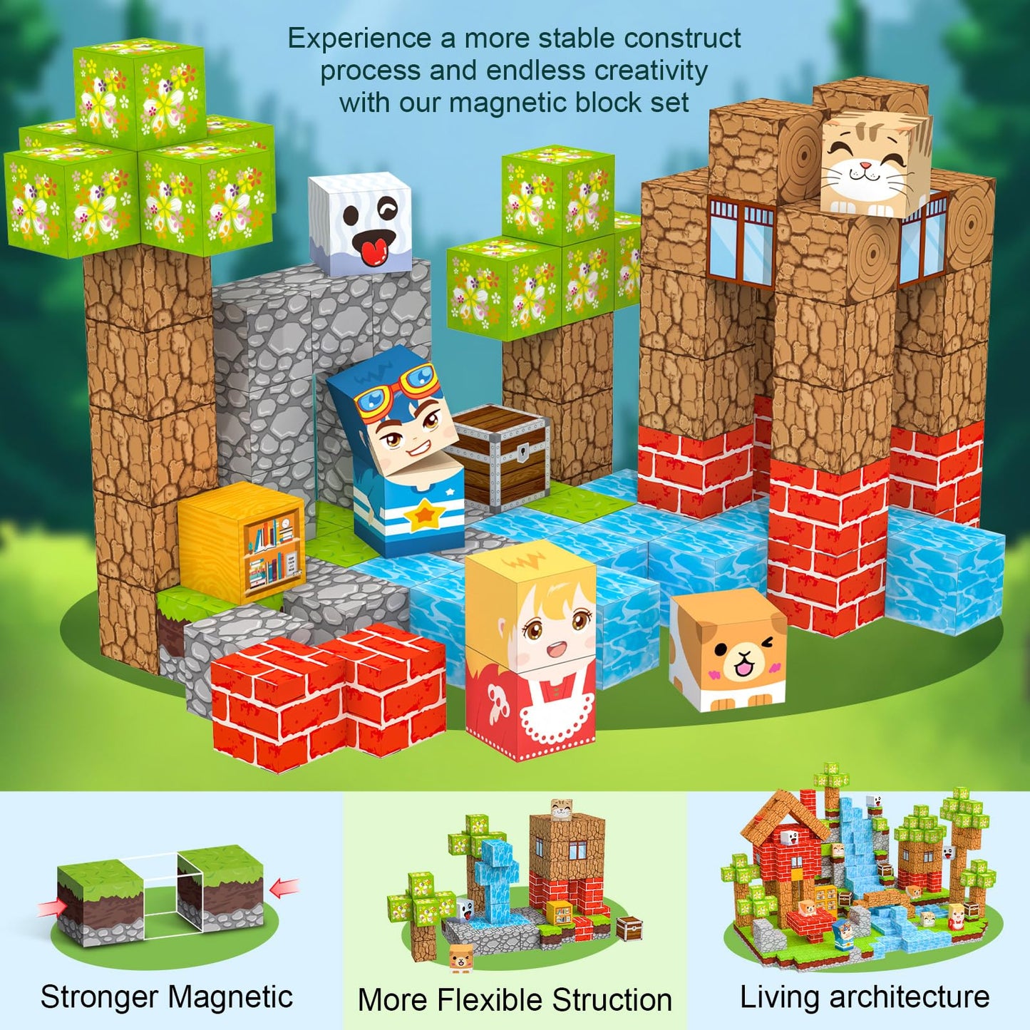 Magnetic Blocks 100 PCS Magnetic Building Blocks, 3+ STEM Montessori Sensory Toys, Magnetic Cube for for 3 4 5 6 7 8 9 10 11 12 8-12 Years Old Boys & Girls Birthday Gifts (Forest)