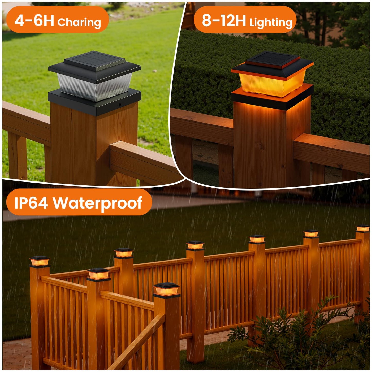 APONUO Fence Post Solar Lights, Warm White & Flickering Flame Modes, Waterproof LED Fence Post Lights for 4x4 Wood Vinyl Posts, Solar Powered Auto On/Off, Deck,Patio,Fence Yard Lighting,Black 6 Pack