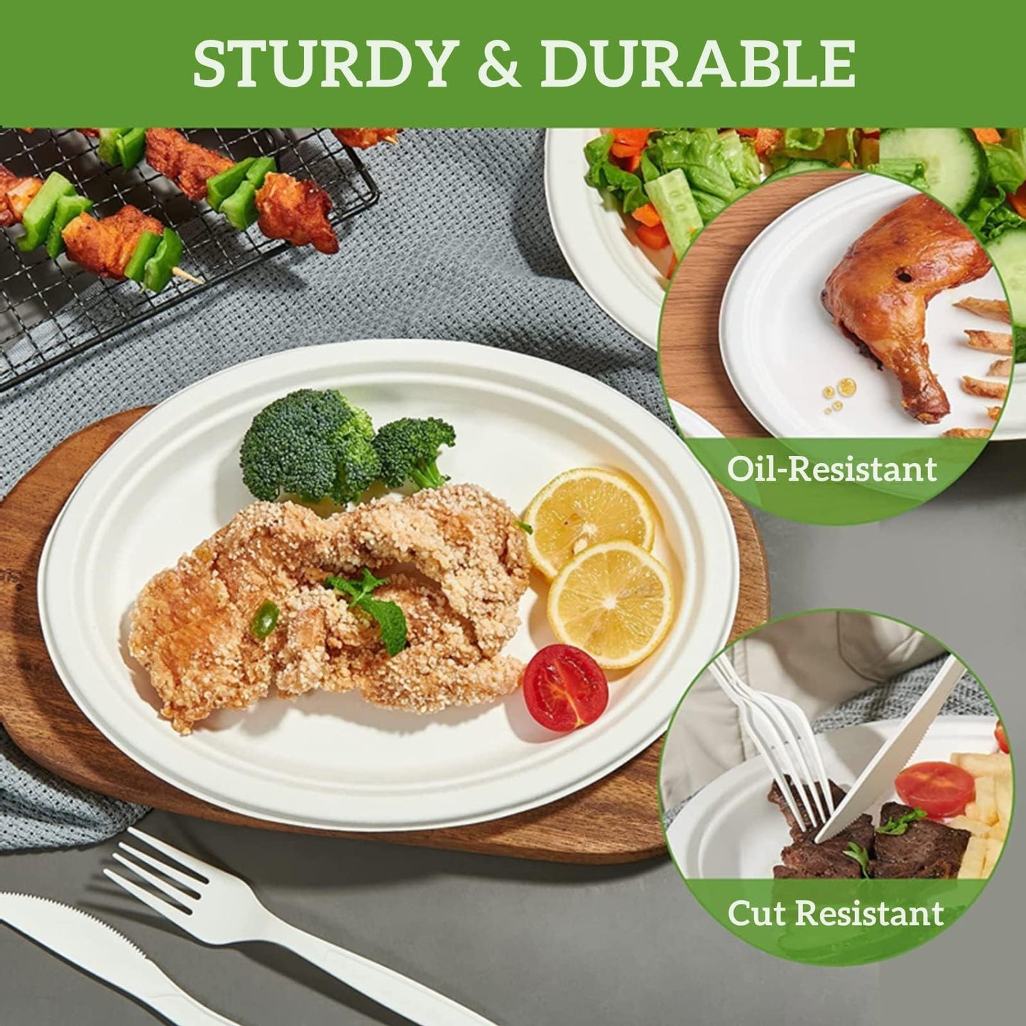 125 Pack 12 inch Disposable Paper Plates 100% Compostable Oval Paper Plates Bagasse Natural Biodegradable Eco-Friendly Sugarcane Plates for BBQ, Party, Gathering, and Picnic
