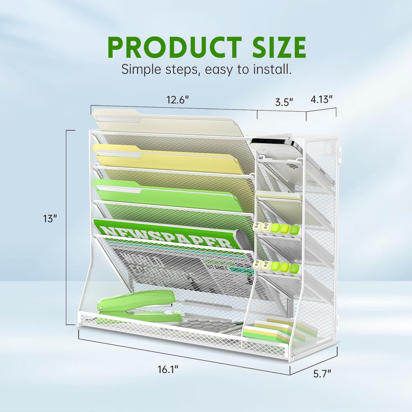 SUPEASY Wall File Organizer, 5-Tier Desk Organizer with 4 Pen Holders, Wall Organizer for Office with R-shaped Bottom Tray, Desk Organizers and Accessories for Office Supplies, White