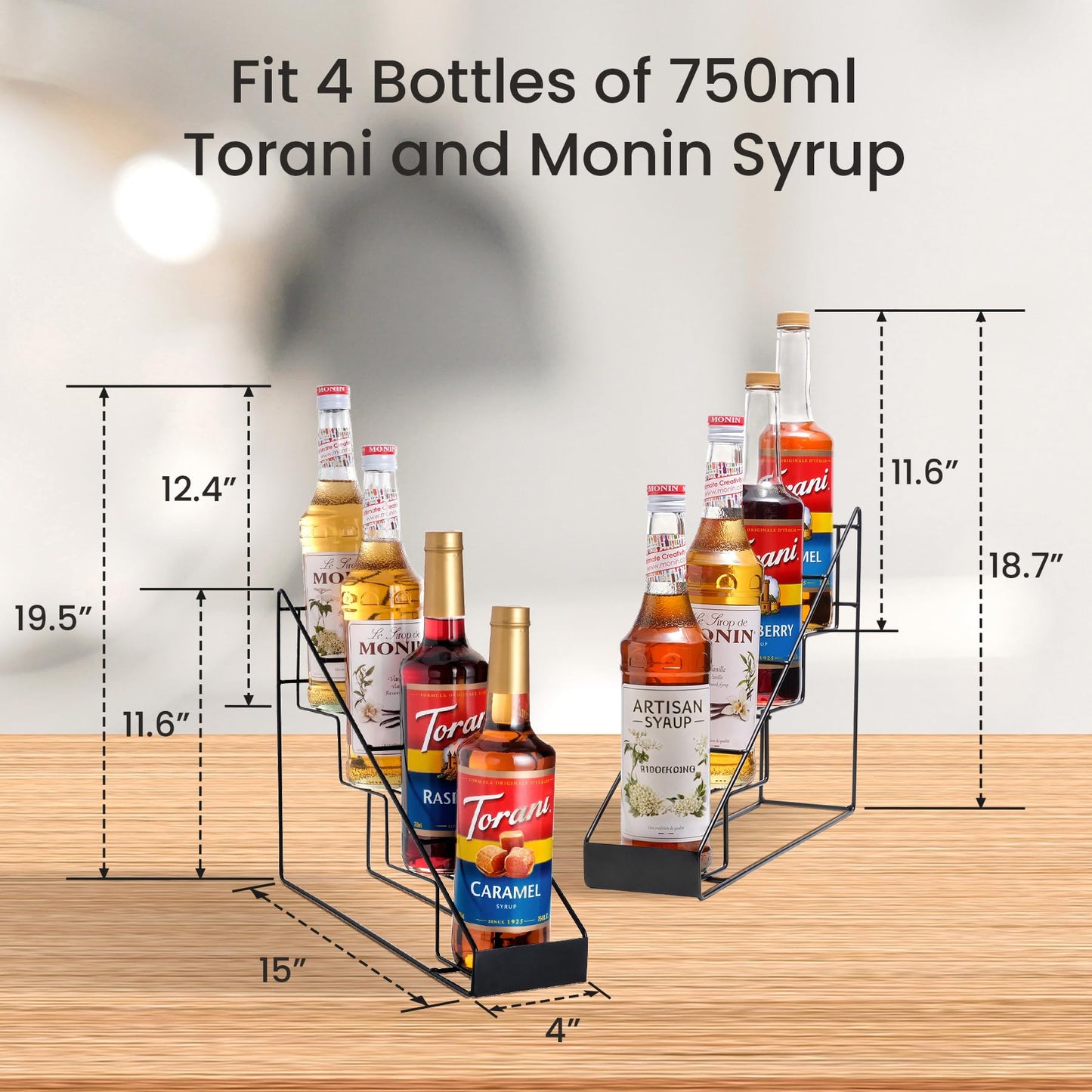 Mustry Coffee Syrup Rack for Coffee Bar Accessories, Compatible with Torani Syrup, Compatible with Monin Syrup, Coffee Bar Organizer Holds 4 Bottles