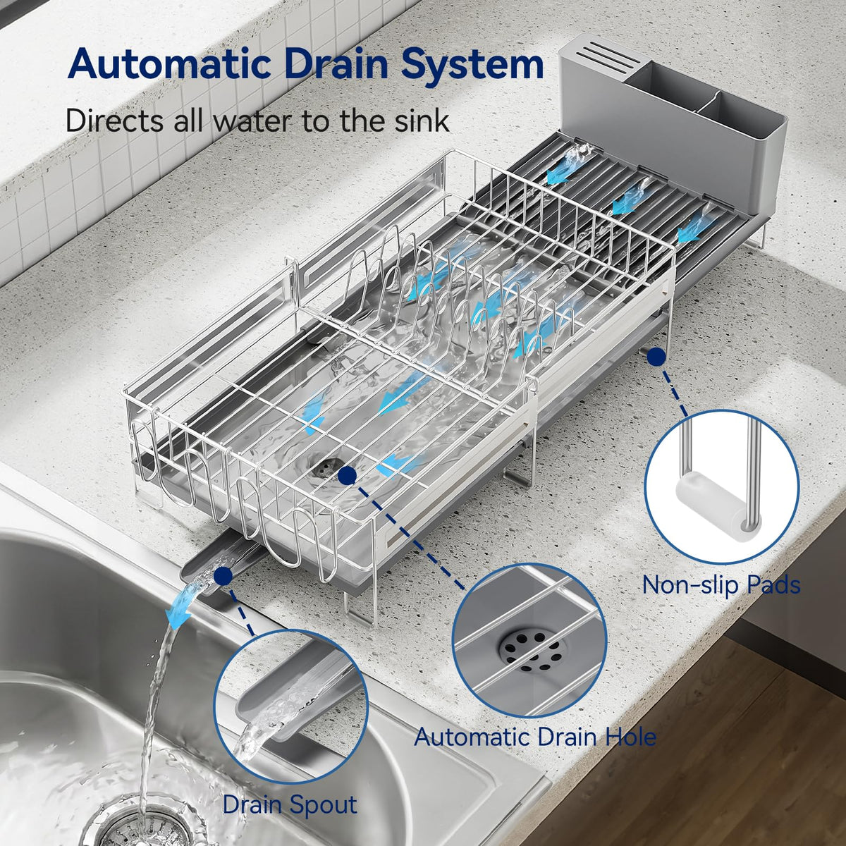 Pantasia Stainless Steel Dish Drying Rack - Expandable Dish Racks for Kitchen Counter Organizer with Drain Board, Detachable Utensil & Cup Holder, Dish Drainer for Small Kitchen Counter, Grey