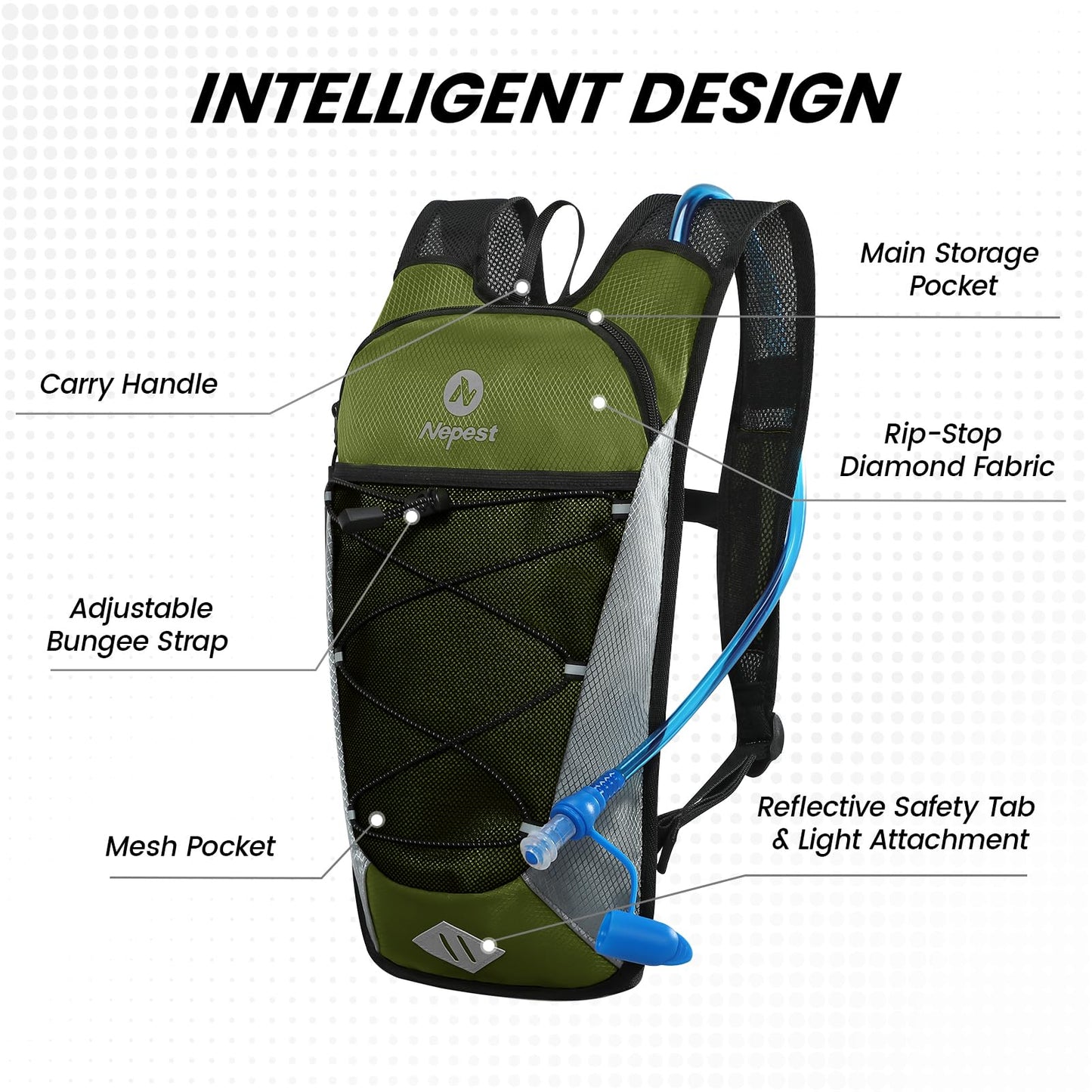 Hydration Pack Backpack, Water Backpack with 2L Water Bladder for Hiking Cycling Running, Green