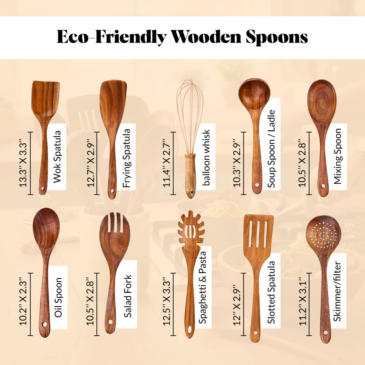 Wooden Spoons, 10 pcs Wooden Utensils for Cooking, Teak Wooden Spoon Set, Non-Toxic, Lightweight & Heat Resistant for Nonstick Pans & Cookware with Holder, Spoon Rest & Hooks.