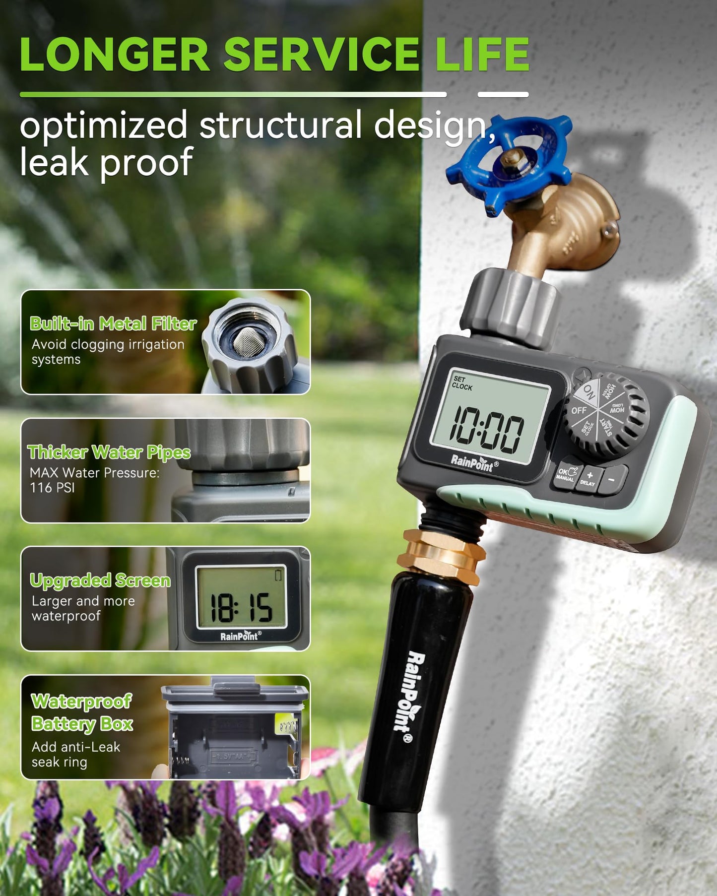RAINPOINT Sprinkler Timer,Water Timer Programmable Garden Outdoor Hose Feature Timer with Rain Delay/Manual/Automatic Watering System,Waterproof Digital Irrigation Timer System for Lawns Pool,1 Outlet