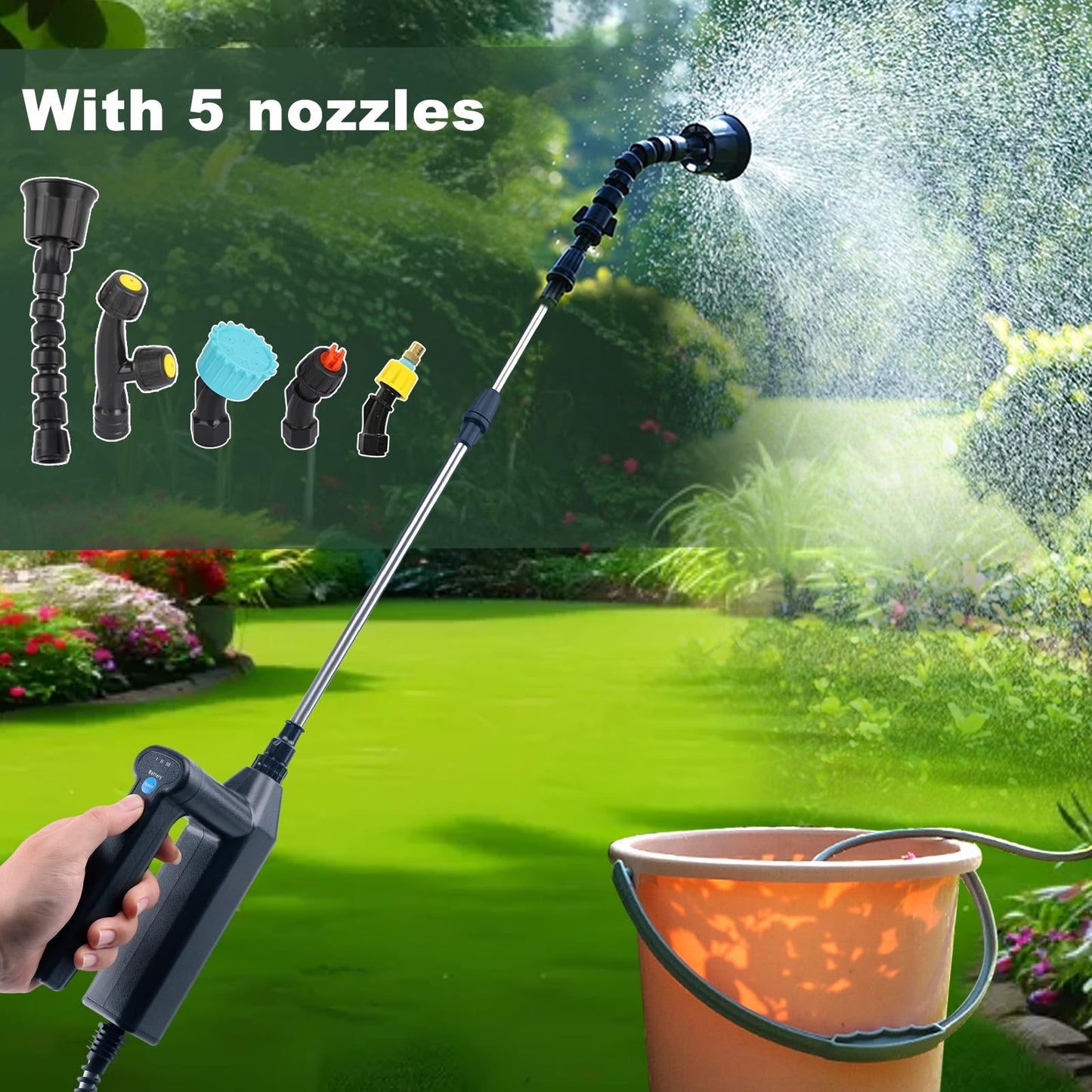 Battery Powered Sprayer, Electric Sprayer with 5 Nozzles and 16.4FT/5M Hoses, USB Rechargeable Handle, 32 Inch Telescopic Wand, Multipurpose Plant Sprayer for Yard Lawn Weed Plants