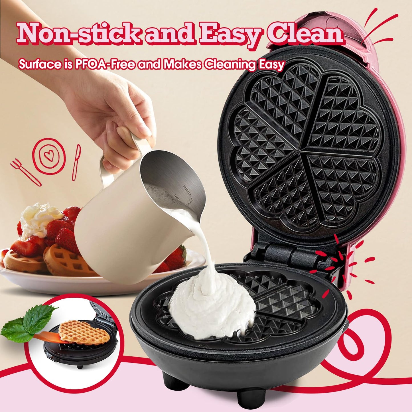 GVAKMM Waffle Maker(Heart),Small Waffle Maker Keto,Mini Wafflera Iron for Kids Family and Individuals,7'' Non Stick Cooking Plates with Fast & Even Heating