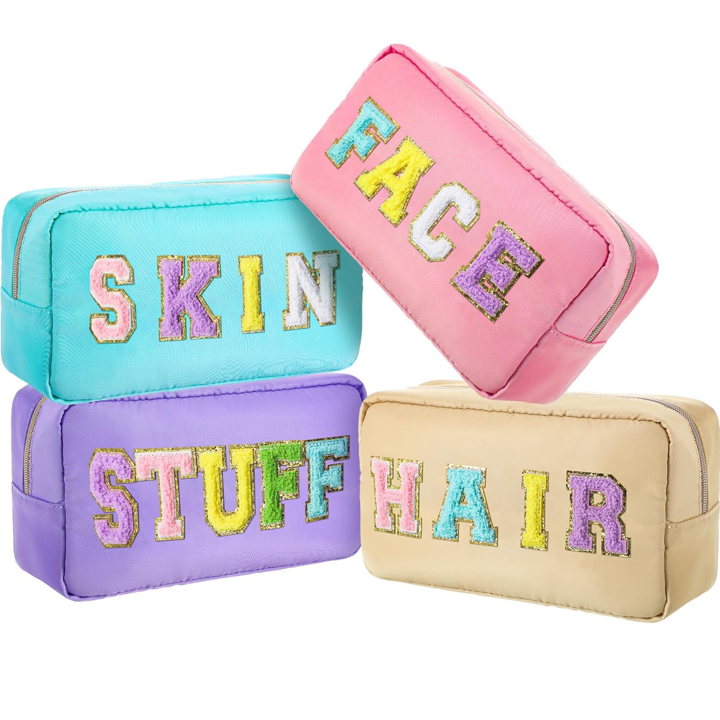 Remerry 4 Pcs Makeup Bag Travel Cosmetic Bag Organization Chenille Letter Toiletries Stuff Pouch Preppy Waterproof Gift for Women Girl Teen (Colorful,Face Skin Hair Stuff)