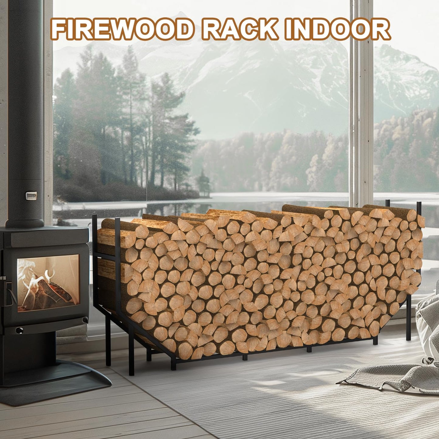 5.9ft Firewood Rack Holder, Outdoor Indoor Heavy Duty Metal Wood Stand, Adjustable Stacker Fireplace Lumber Organizer, Bottom Widening for Deck Patio Logs Storage Carrier Tool, Black