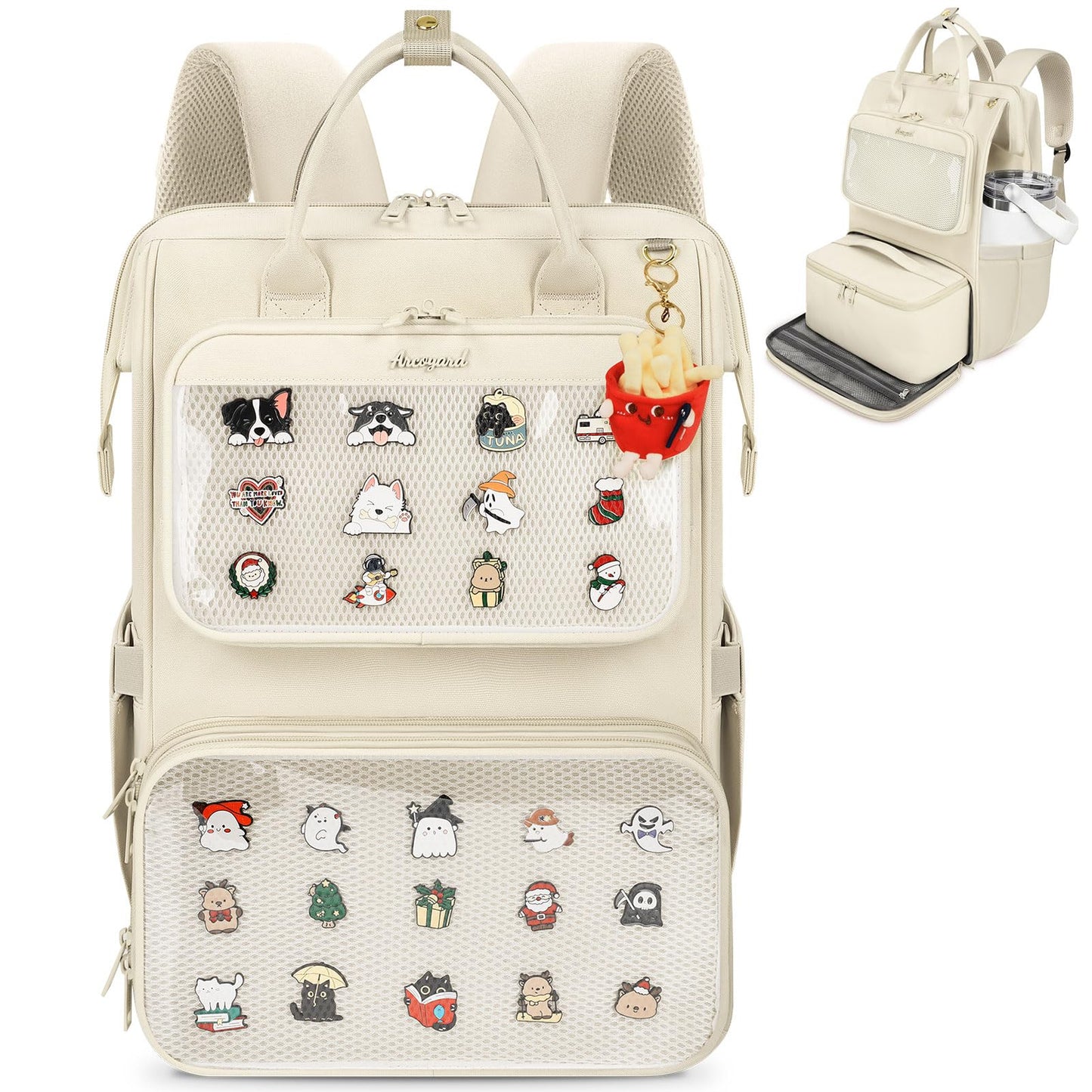 Arcoyard Ita Bag Pin Display Backpack with Insert, Ita Backpack with Lunch Box for Anime Cosplay Concert, 15.6 Inch Lunch Backpack with laptop compartment, Beige