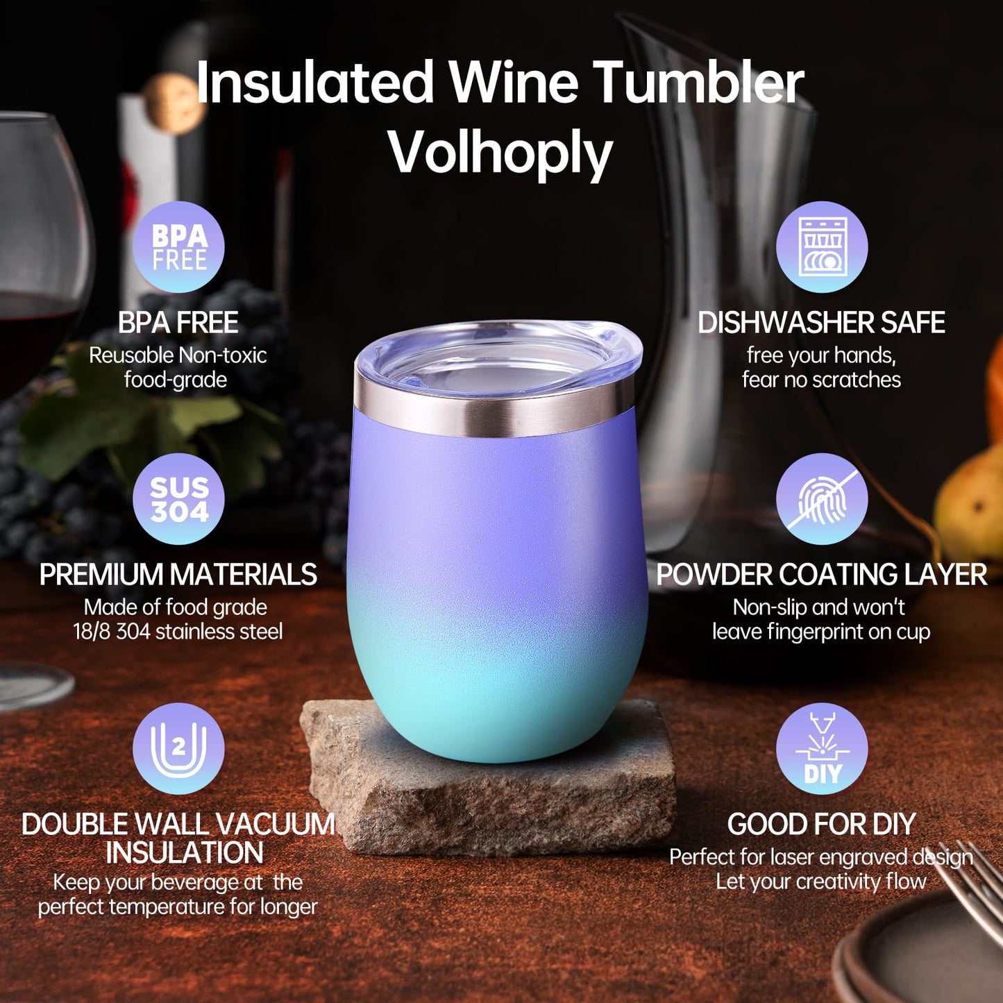 Volhoply 12oz Stainless Steel Wine Tumbler with Lid Bulk 8 Pack,Double Wall Vacuum Stemless Wine Glasses,Reusable Metal Travel Coffee Mug with Straw,Insulated Cup Gift for Christmas（Purple Bule,8 Set）