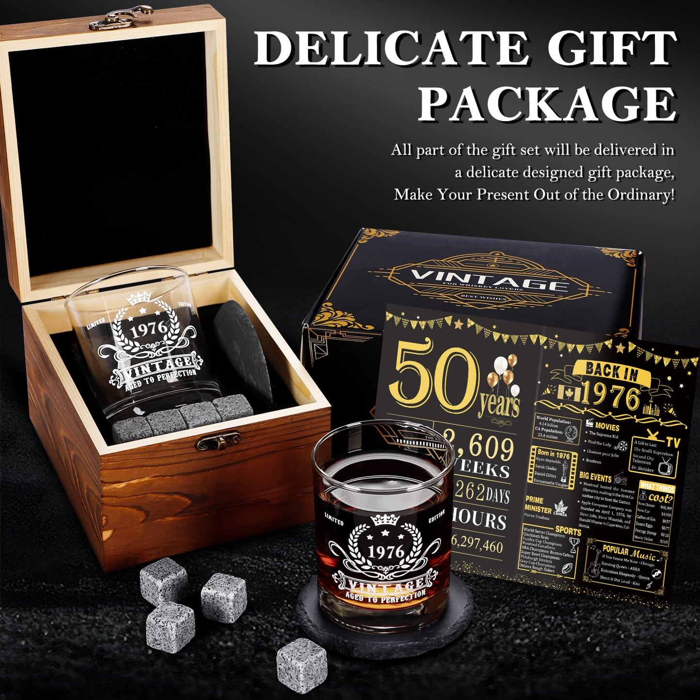 50th Birthday Gifts for Men,Vintage 1976 Whiskey Glass Set,Wood Box & 1976 Poster Anniversary Card &Whiskey Coaster & Stones,Bday Gifts Ideas for Him, Dad, Husband