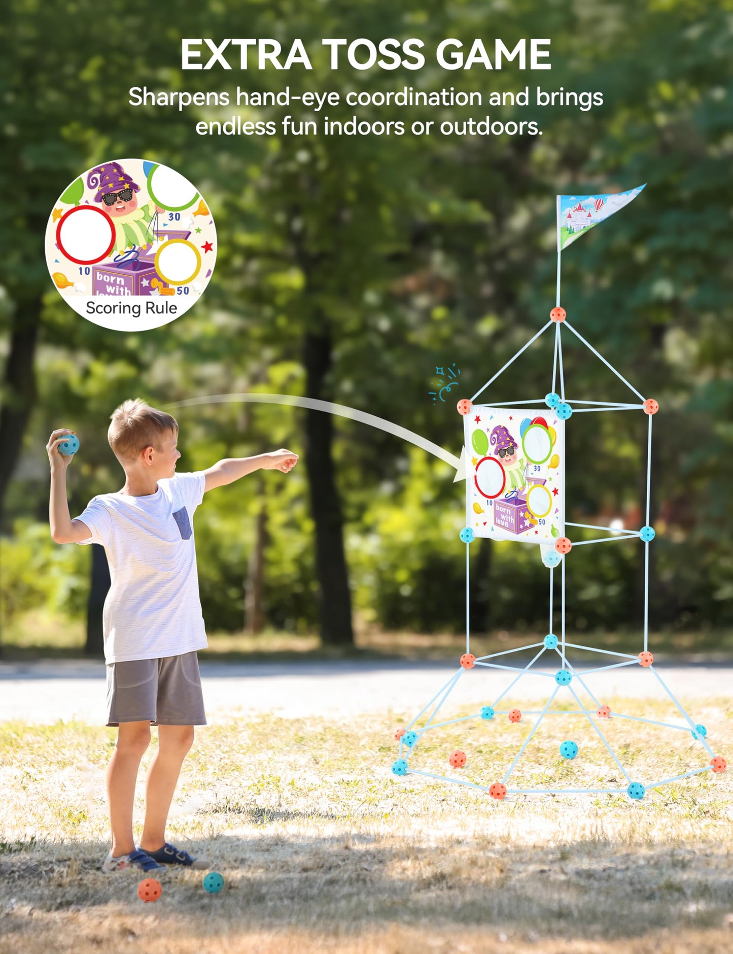 besrey Fort Building Kit for Kids with Toss Game, 133 Pcs Creative Fort Toy, STEM Construction Toy, Outdoor Play Structure, Kids Outdoor Toys,DIY Play Tent Tunnel (Blue Nightglow)