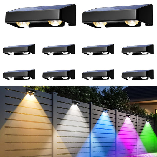 AUDERWIN Solar Fence Lights Outdoor, 9 Fixed Colors & Color Changing Modern Solar Powered Deck Lights for Step Stair Patio Backyard Porch Railing House Number Decor, IP65 Waterproof (10 Pack)