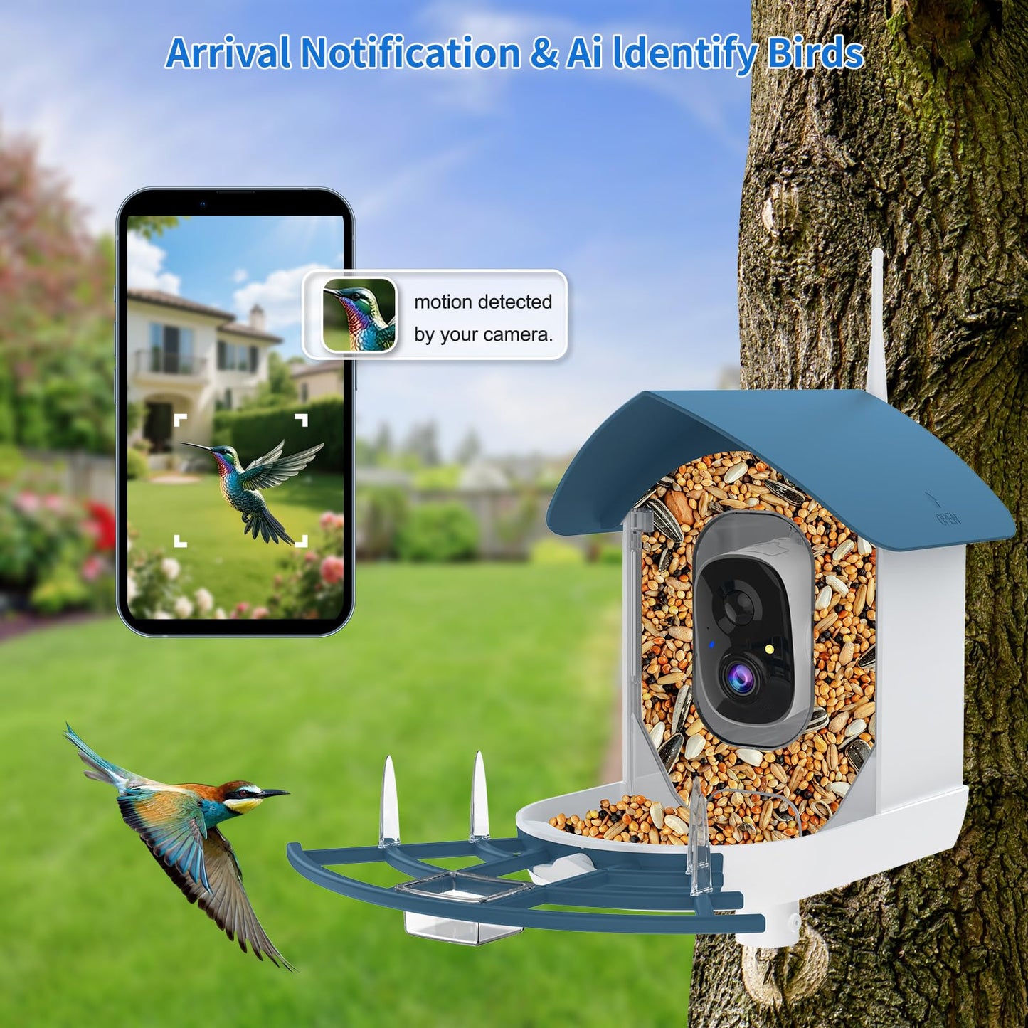 Bird Feeder with Camera,AI Identify Birds Species,Smart Bird Camera with Solar Powered,Auto Record FHD Bird Video in Backyard,Lawn,Instant Notifications,Ideal Gift for Family and Bird Lovers,Navy Blue