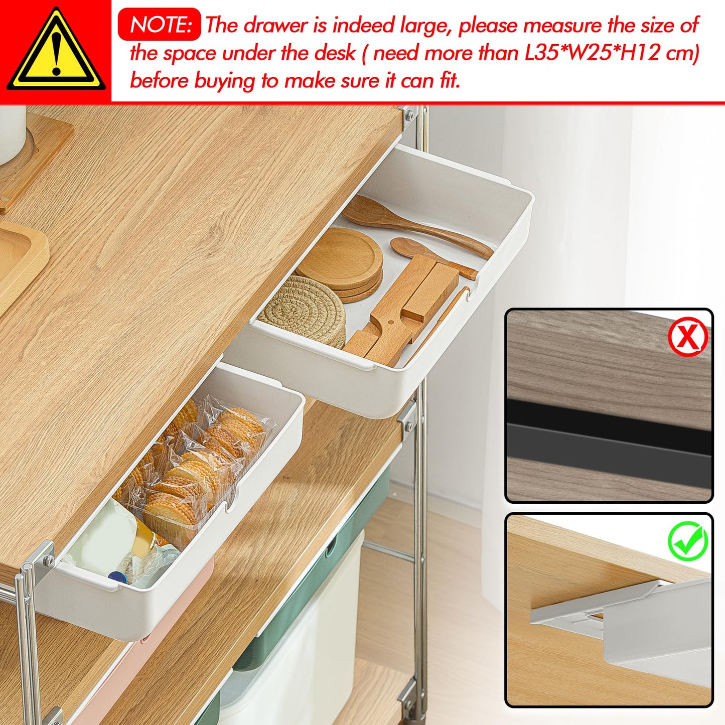 Poeland Under Desk Drawer Self-Stick Storage Organizer for Office Home School Large Size White 2 Pack, A0441-L-2