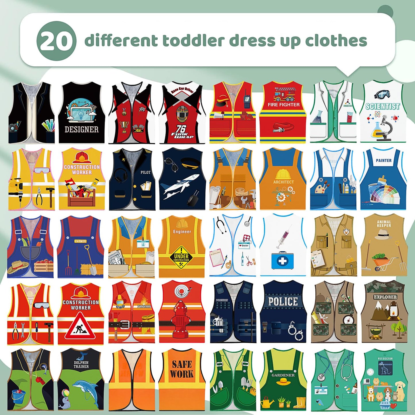 20 Pcs Kids Community Helper Dress Up Vest Career Costumes Role Play Career Cosplay Clothes Pretend and Play Costume for Kids