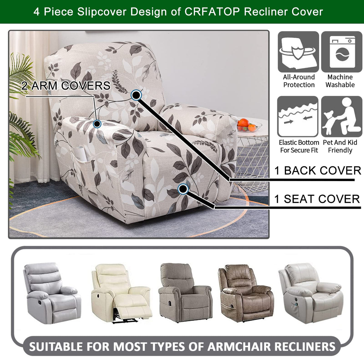 CRFATOP Floral Printed Recliner Cover with Pockets Single Reclining Slipcover 4-Pieces Lazy Boy Recliner Armchair Cover with Elastic Bottom for Recliner Furniture Protector for Kid Pet,A01