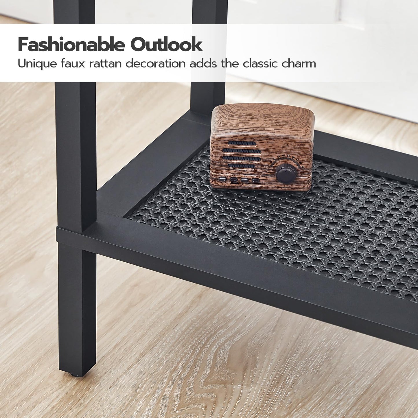 HOOBRO End Tables Set of 2, Side Table with 2-Tier Storage Shelves, Tall Nightstand with Faux Rattan Decoration, Sofa Table for Small Space, Living Room, Bedroom, Rustic Brown and Black BF91BZP201