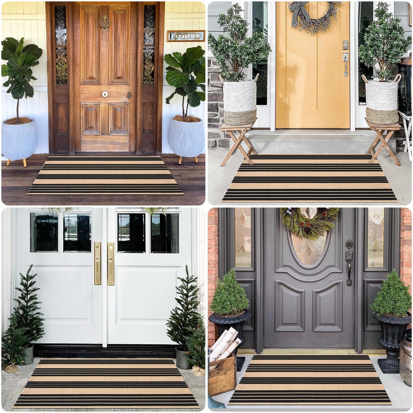Fallovea Black and Tan Striped Rugs, 90×150 cm Area Rug Outdoor Indoor Front Porch Doormat Cotton Hand-Woven Layered Door Mats for Entryway Patio Entryway Laundry Bedroom Living Room